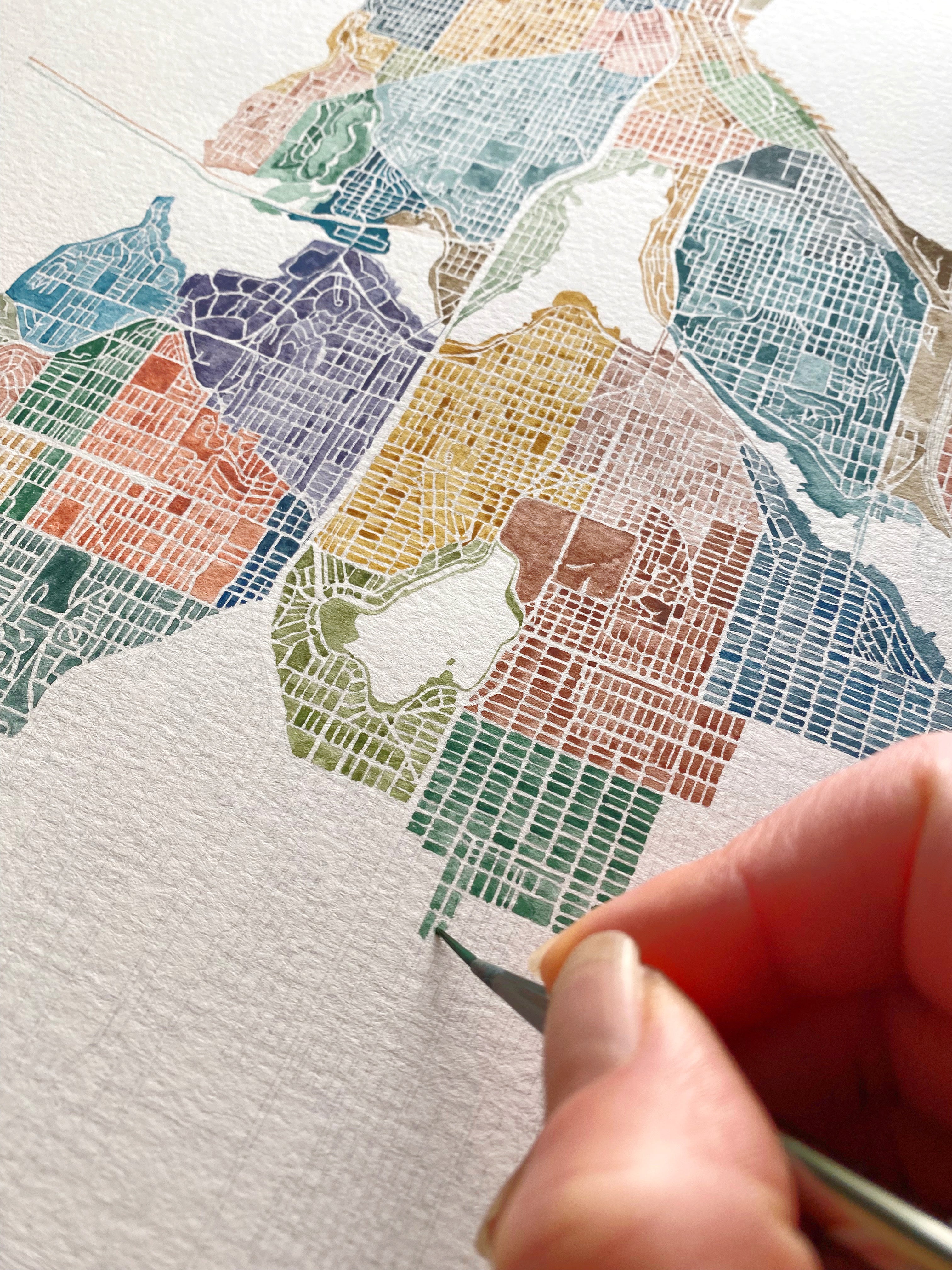 SEATTLE Neighborhoods Watercolor City Blocks Map: PRINT