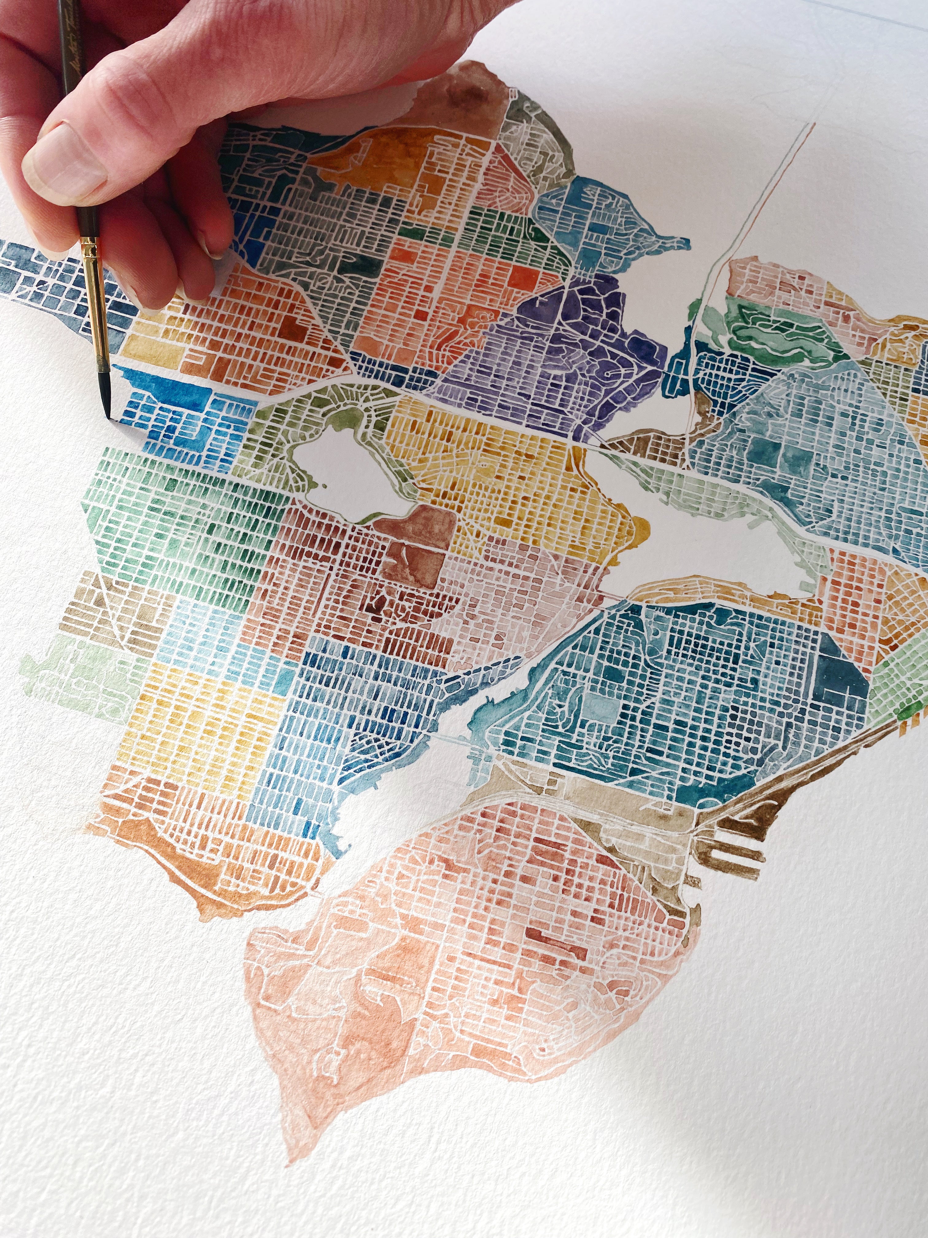 SEATTLE Neighborhoods Watercolor City Blocks Map: PRINT