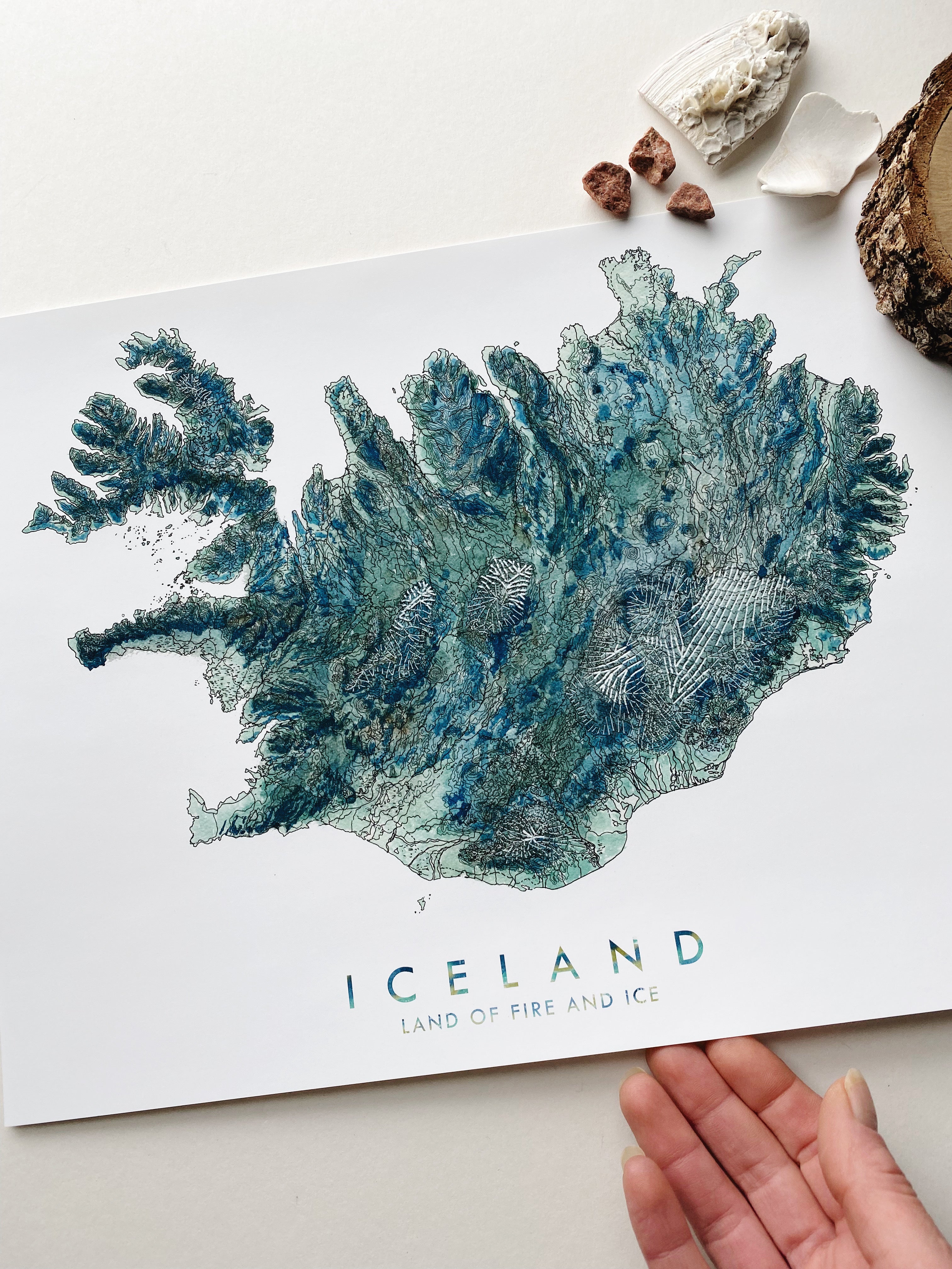 ICELAND Topographical Watercolor Map + Stitching: PRINT