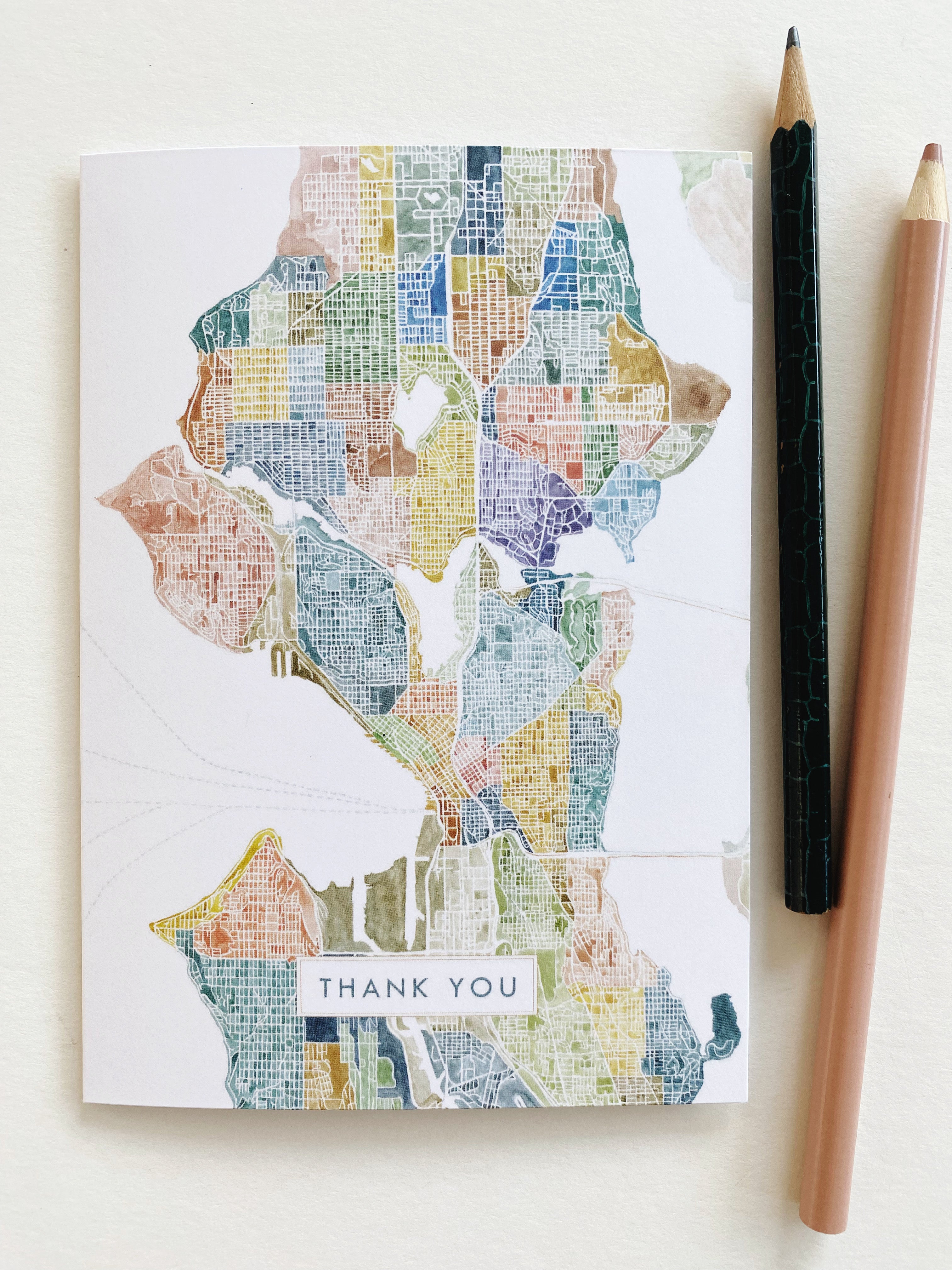 SEATTLE Neighborhoods Watercolor Map - thank you card