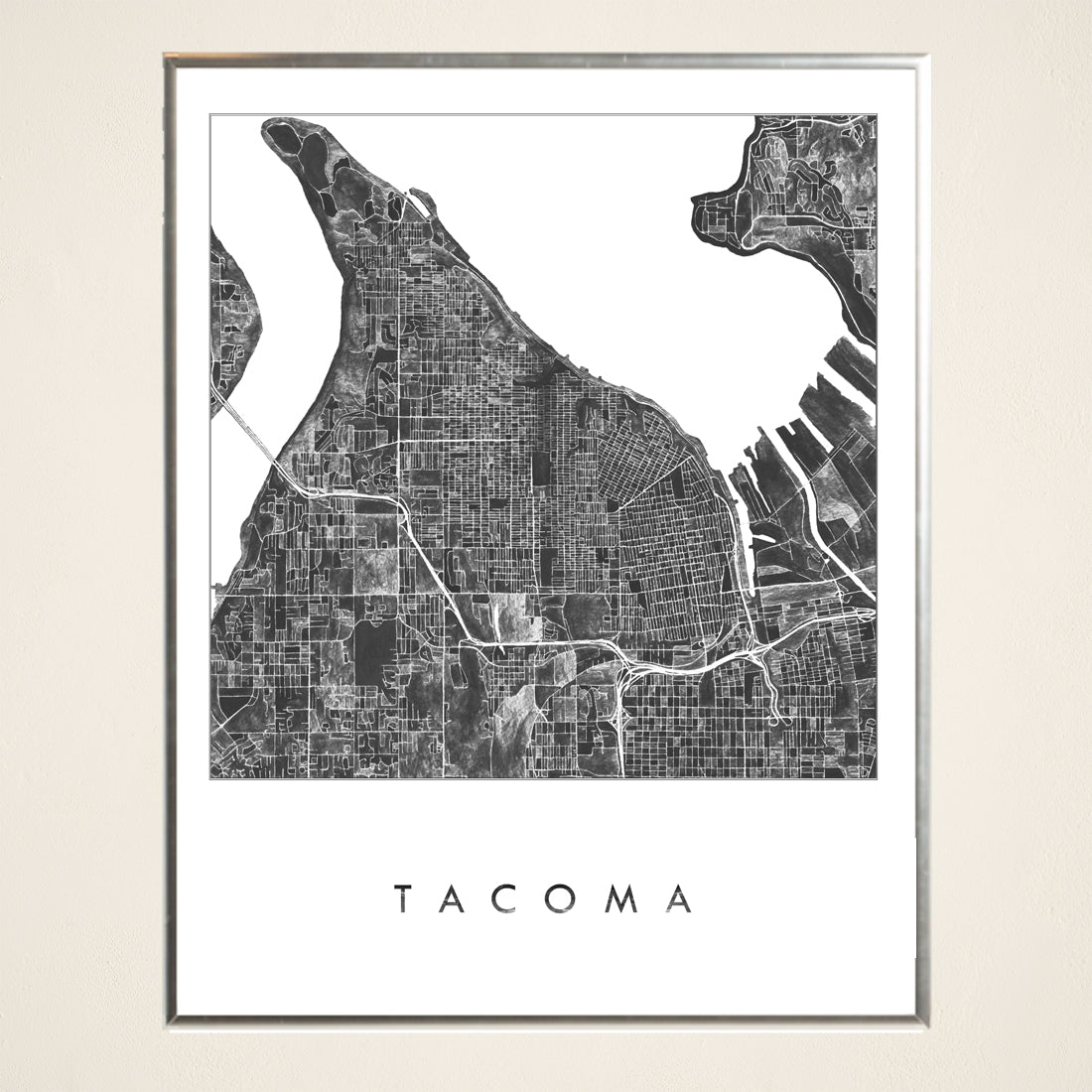 TACOMA Watercolor City Blocks Map: PRINT (Black)