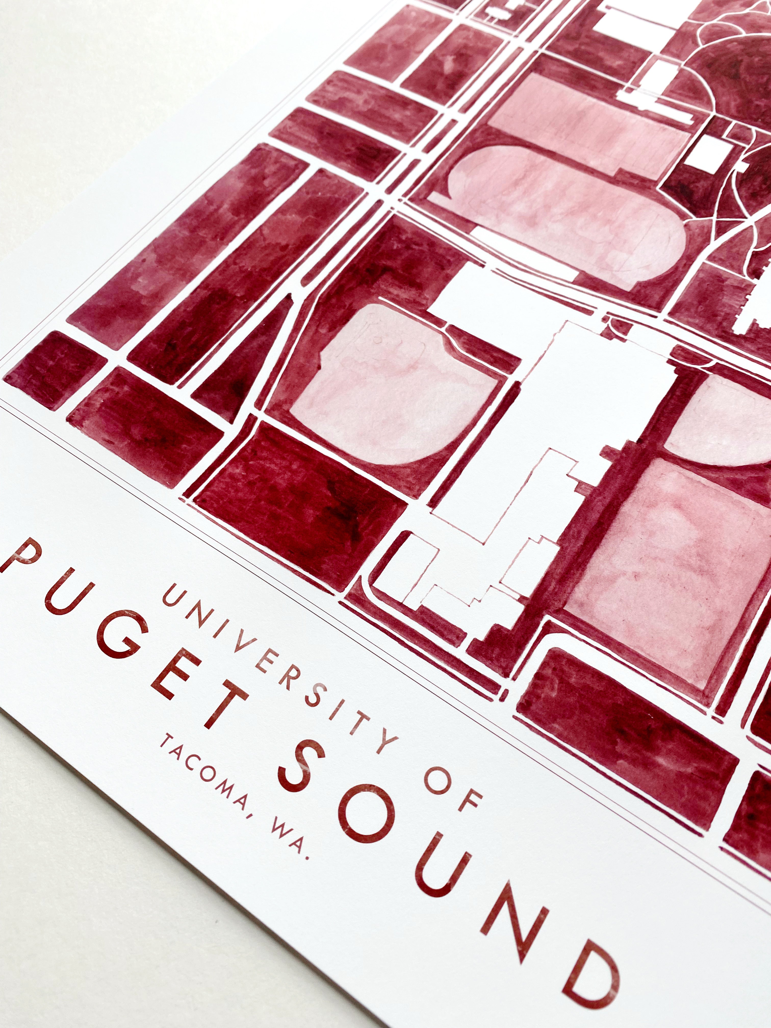 UNIVERSITY of PUGET SOUND Tacoma Washington Campus Watercolor Map: PRINT