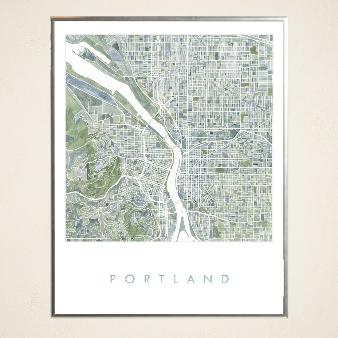 PORTLAND Oregon Watercolor City Blocks Map: PRINT  (Blues Greens Greys)