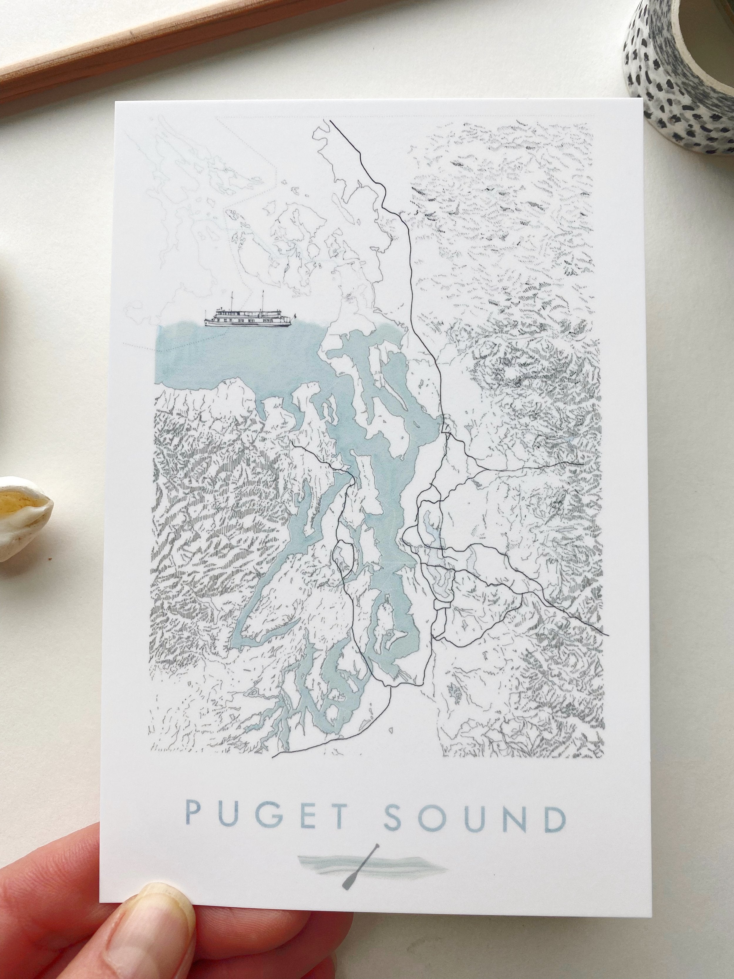 PUGET SOUND Washington Cascades Map Postcard