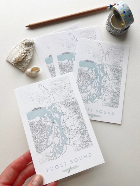 PUGET SOUND Washington Cascades Map Postcard