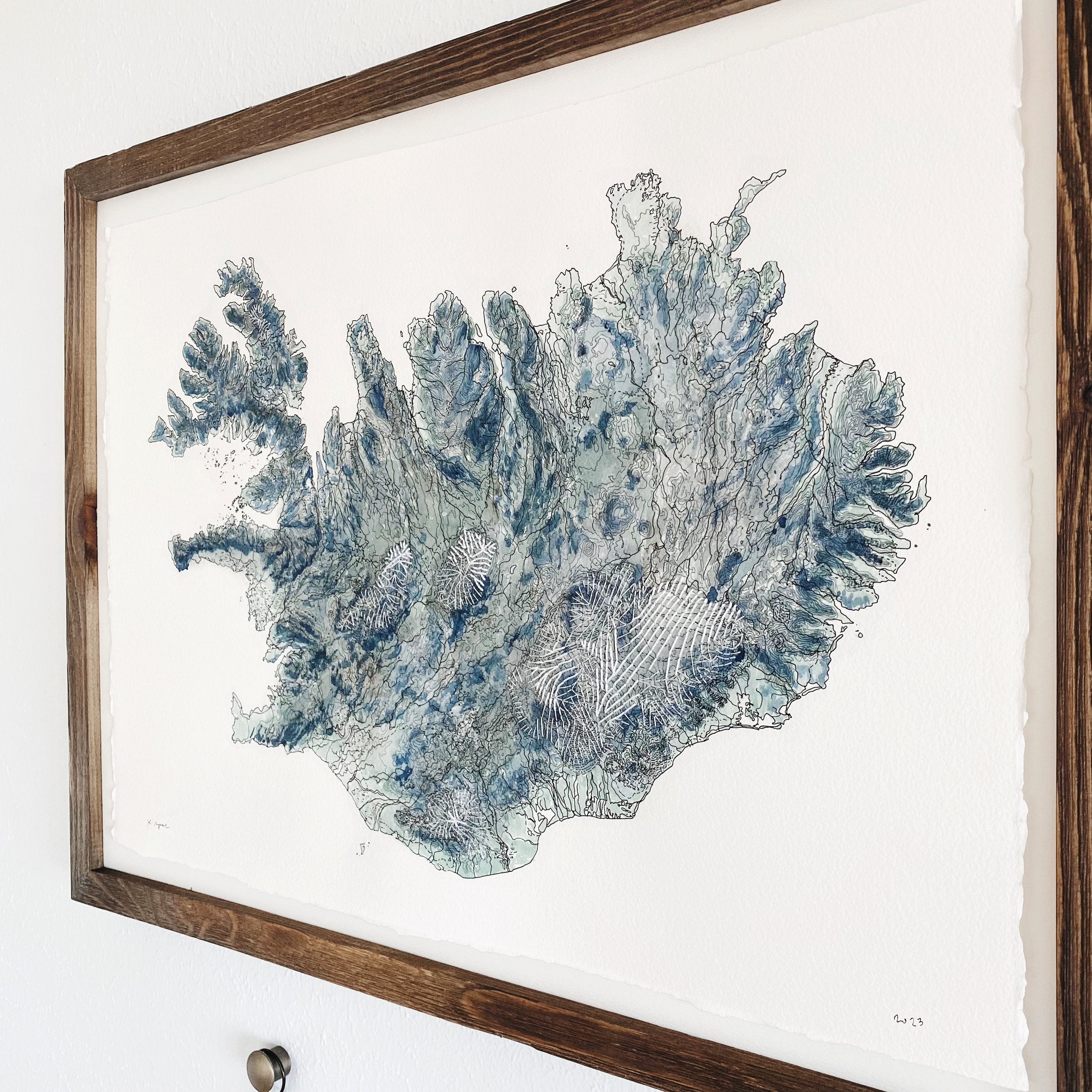 ICELAND Topo Watercolor Map: ORIGINAL PAINTING + Stitching