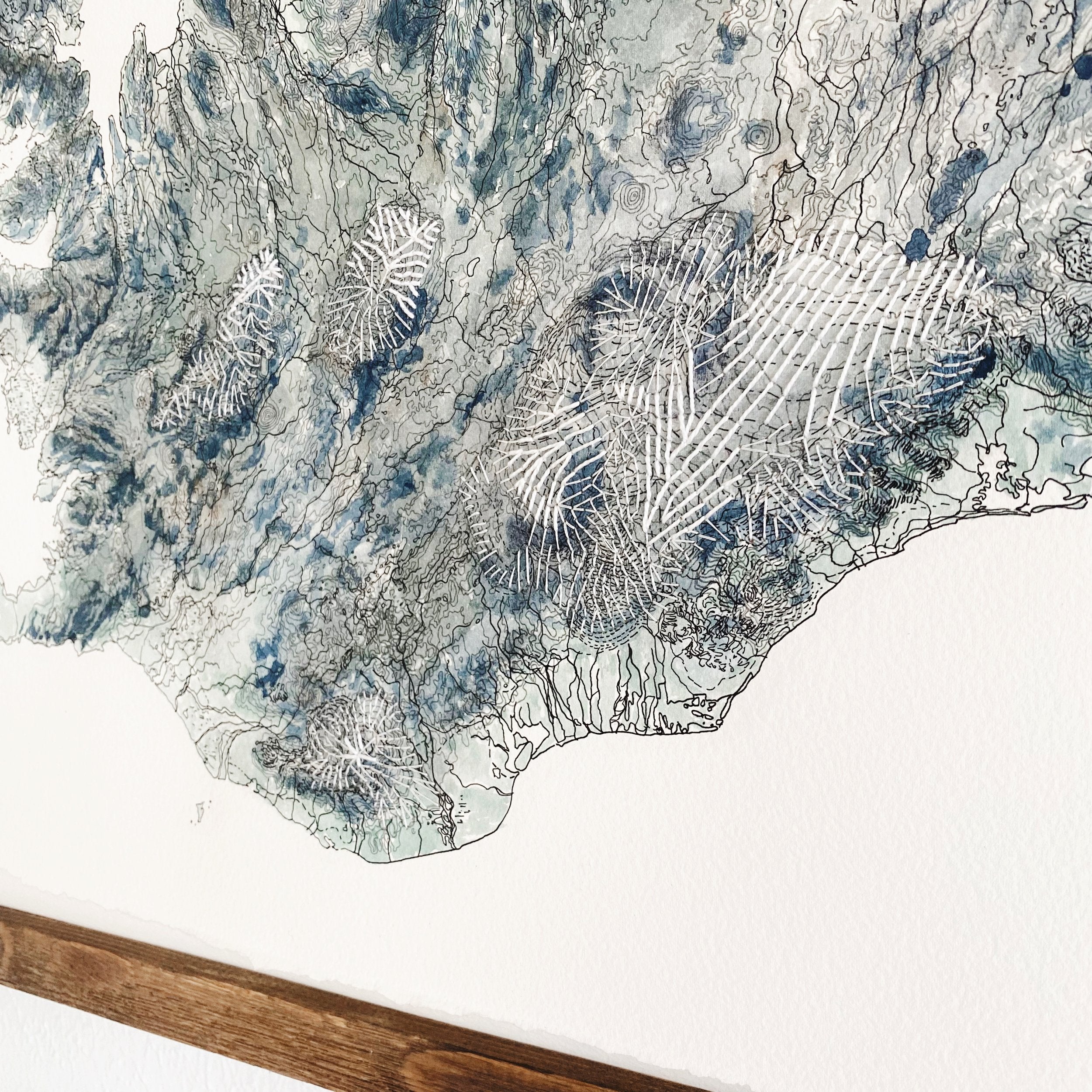 ICELAND Topo Watercolor Map: ORIGINAL PAINTING + Stitching