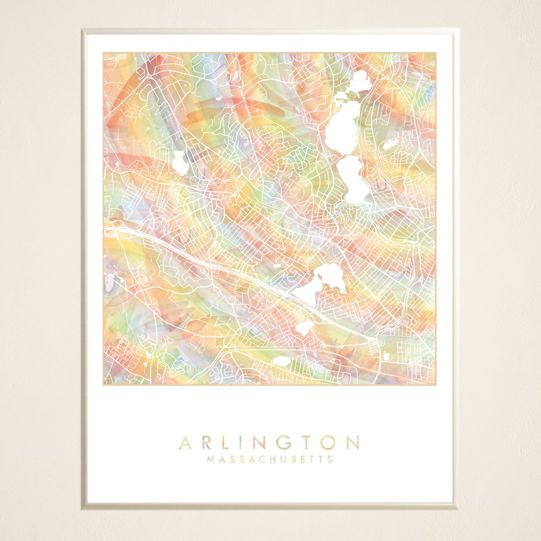 ARLINGTON Massachusetts Pride Rainbow Watercolor Map: PRINT