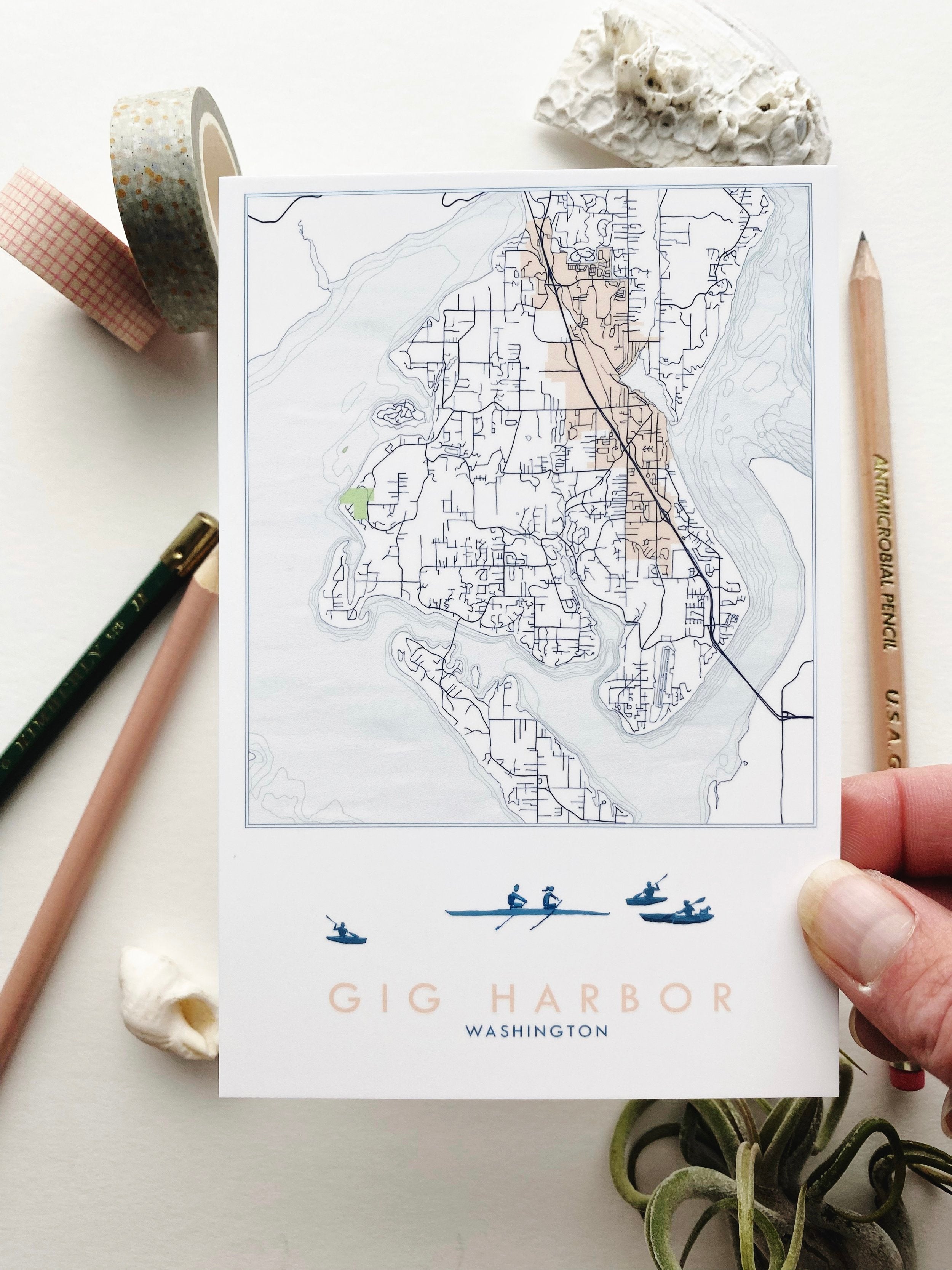 GIG HARBOR Washington Rowers Map Postcard
