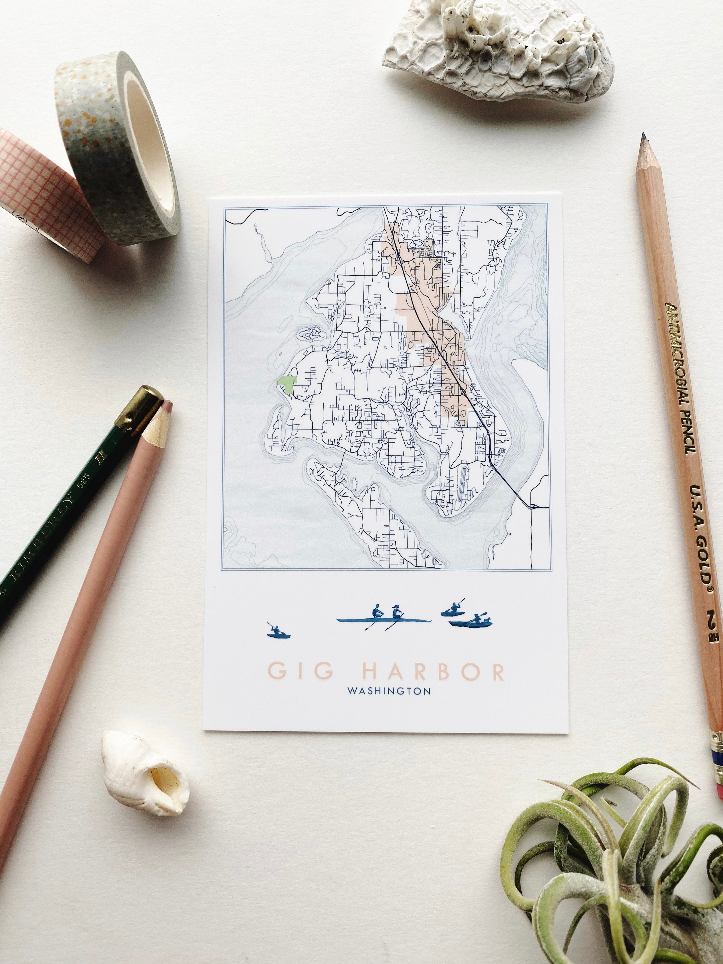 GIG HARBOR Washington Rowers Map Postcard