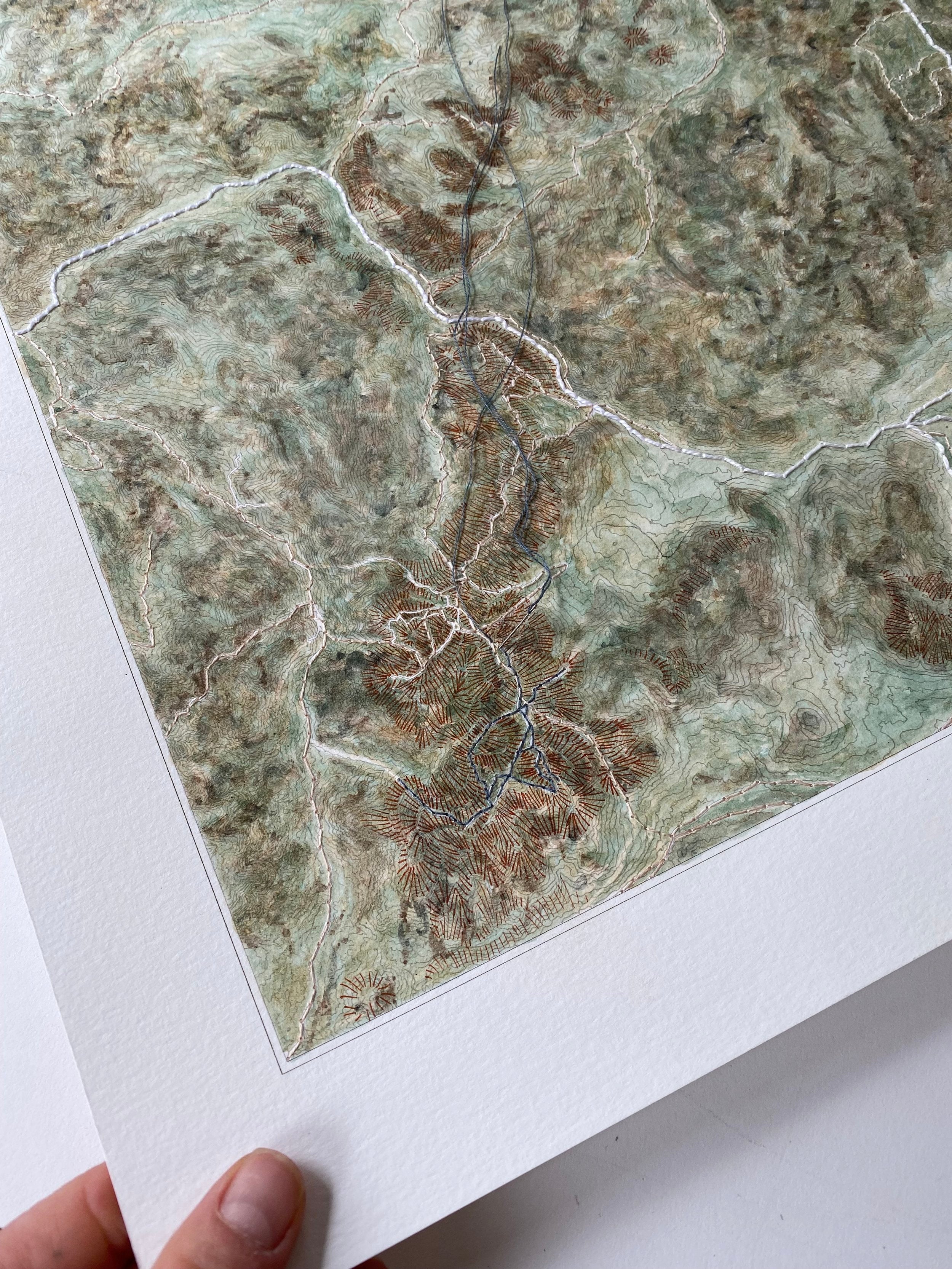 JOURNEY 1 Topographic Watercolor Map: ORIGINAL STITCHED PAINTING + FRAME