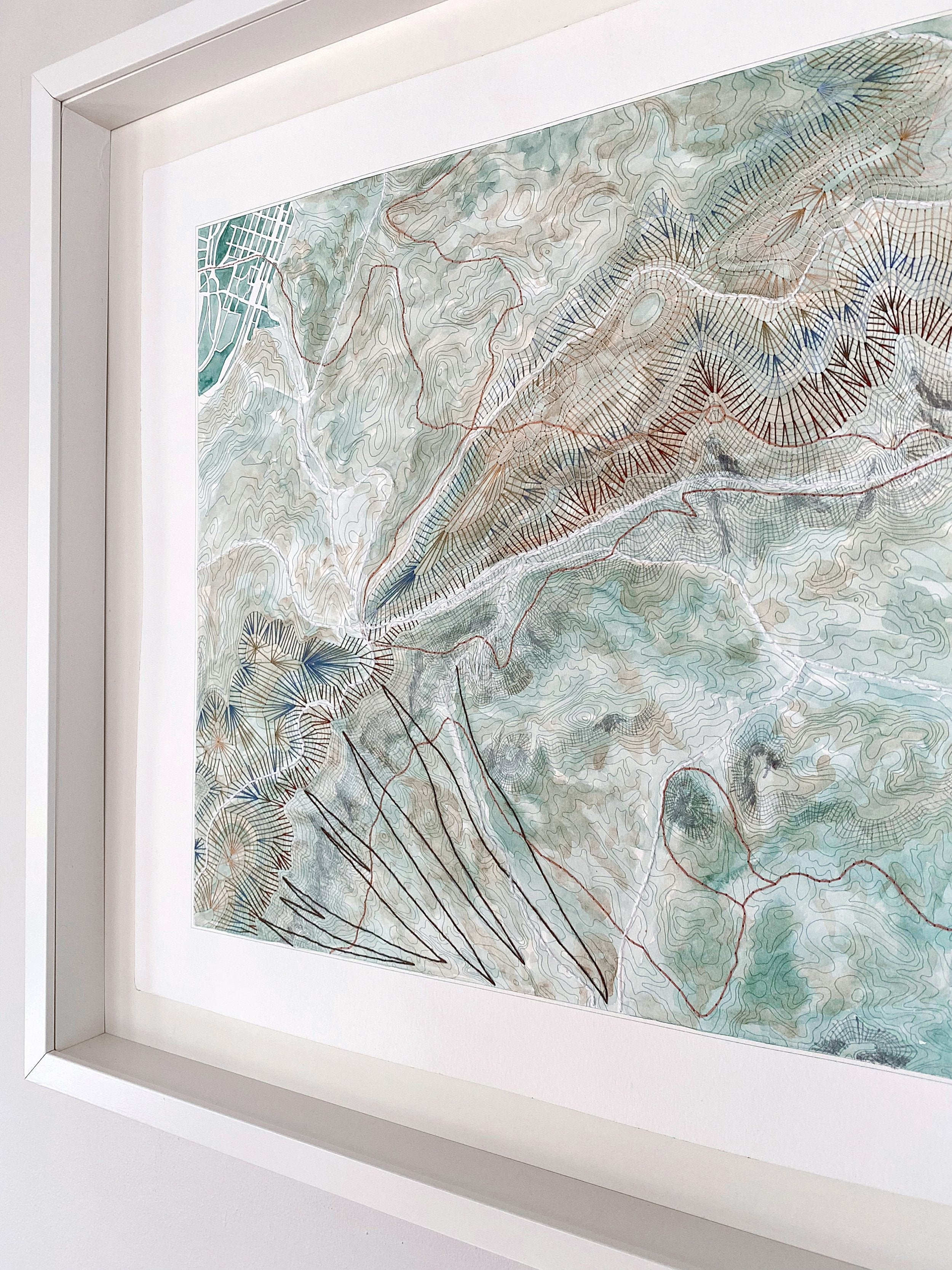 JOURNEY 3 Topographic Watercolor Map: ORIGINAL STITCHED PAINTING + FRAME