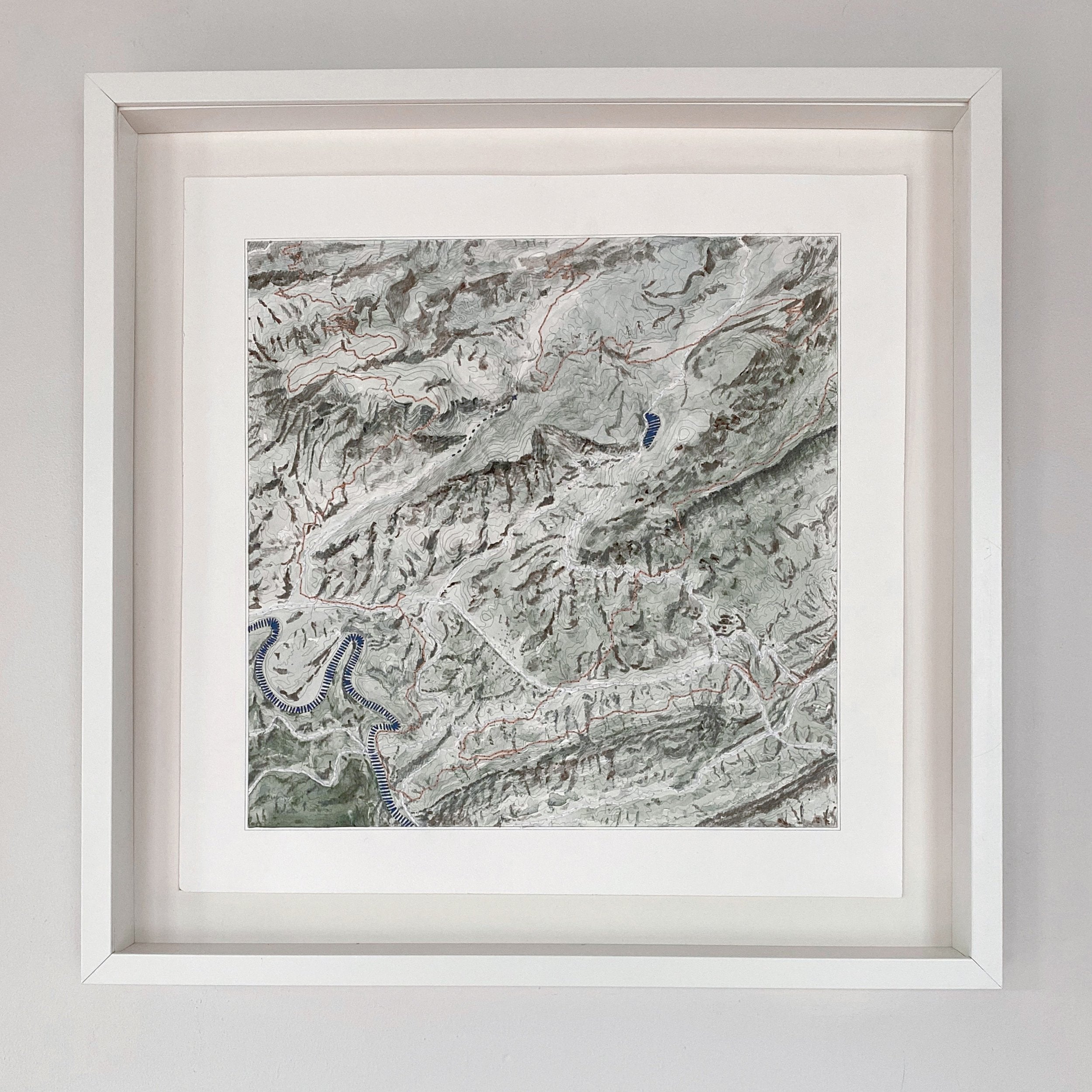 JOURNEY 4 Topographic Watercolor Map: ORIGINAL STITCHED PAINTING + FRAME