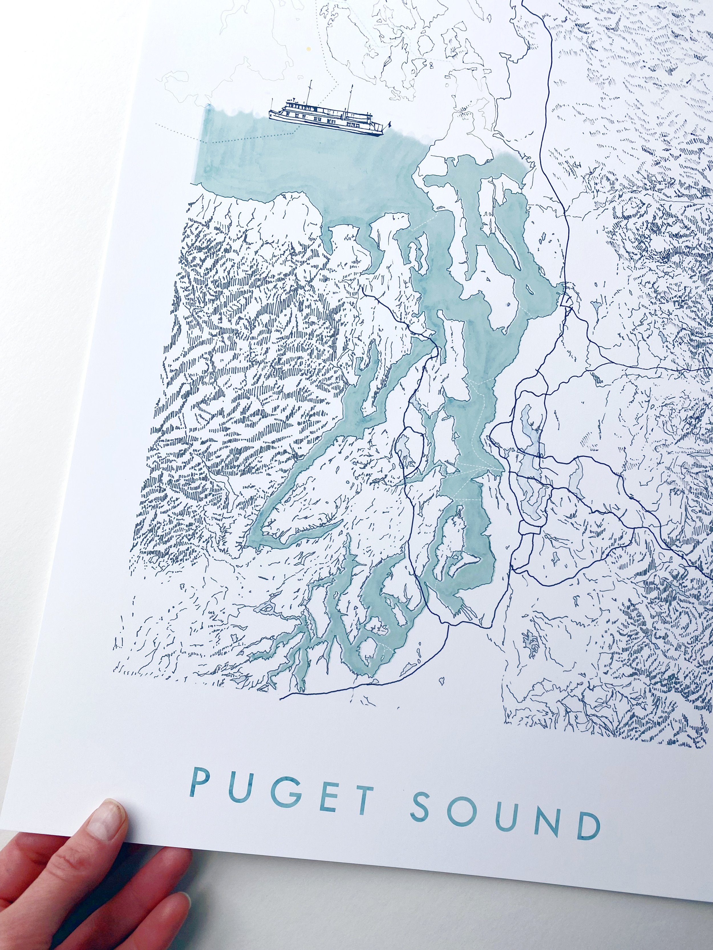 PUGET SOUND Topographical Watercolor Map: PRINT