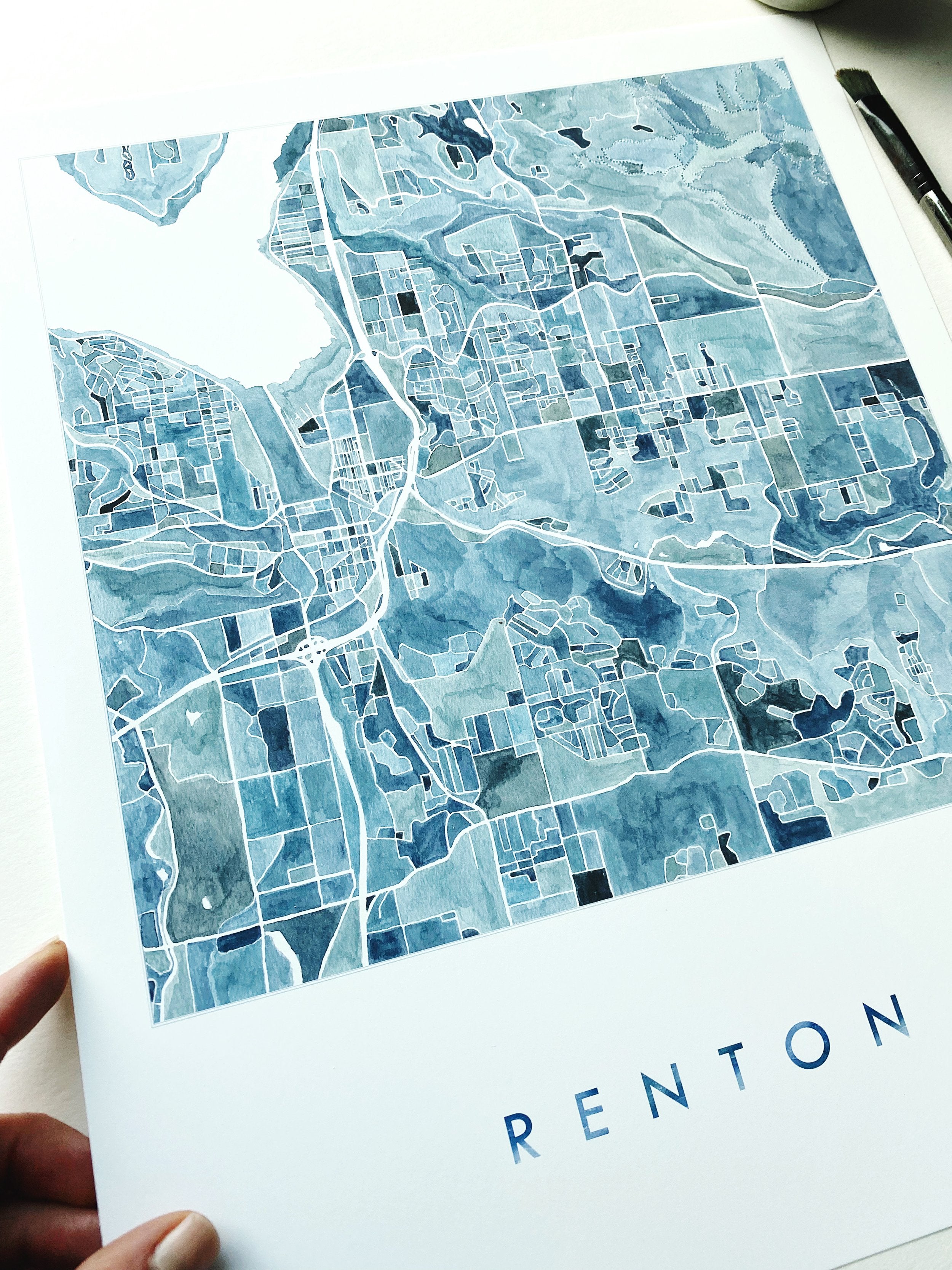 RENTON Watercolor City Blocks Map: PRINT