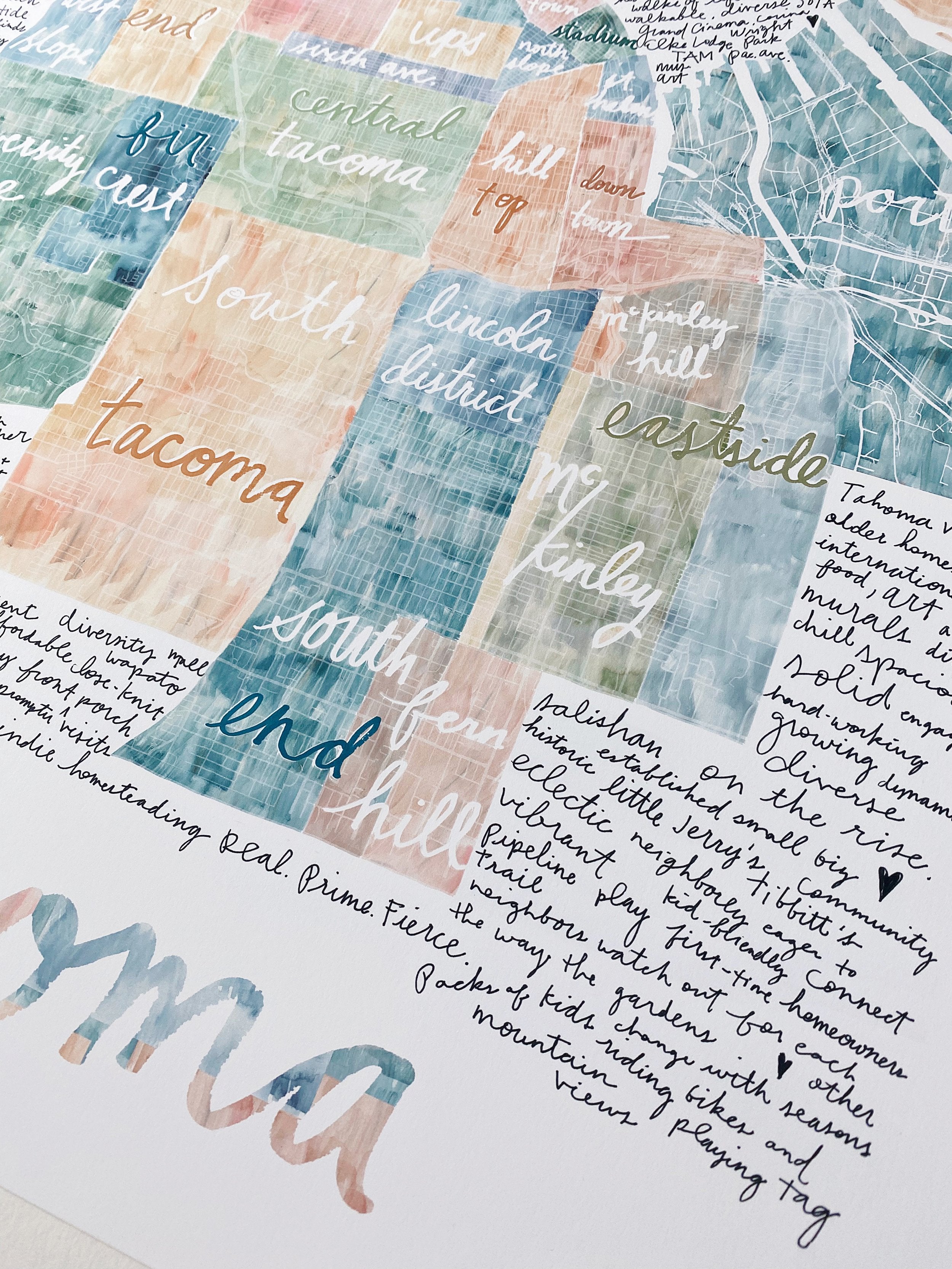 TACOMA Neighborhoods Watercolor Cursive Text Map: PRINT