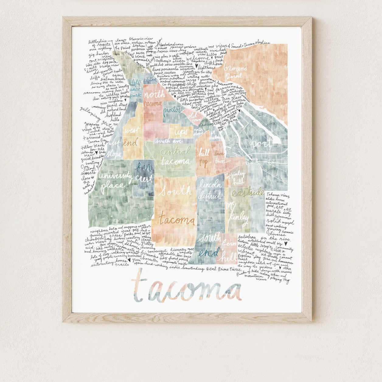 TACOMA Neighborhoods Watercolor Cursive Text Map: PRINT