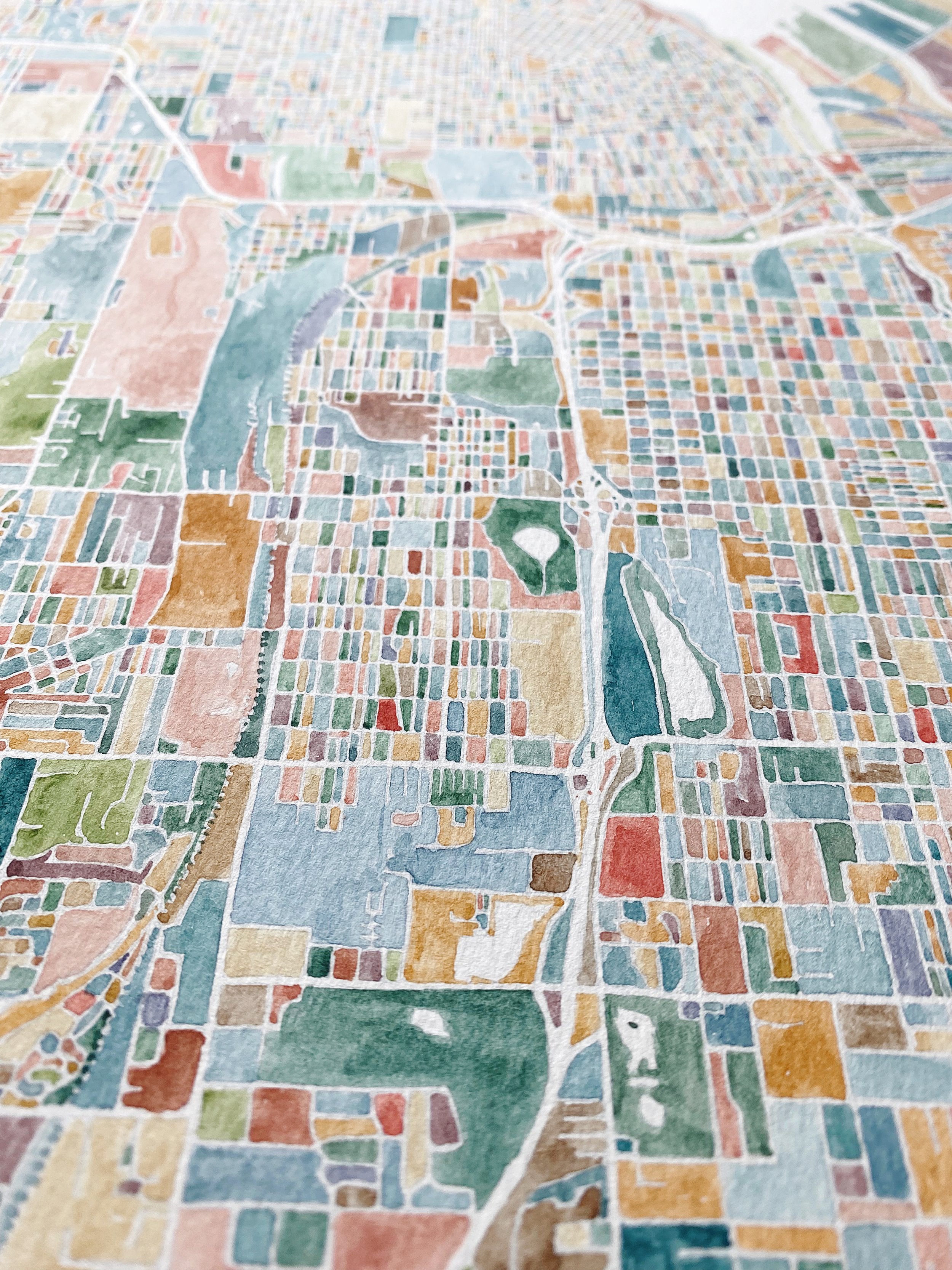 TACOMA ColorFULL Watercolor City Blocks Map: ORIGINAL PAINTING