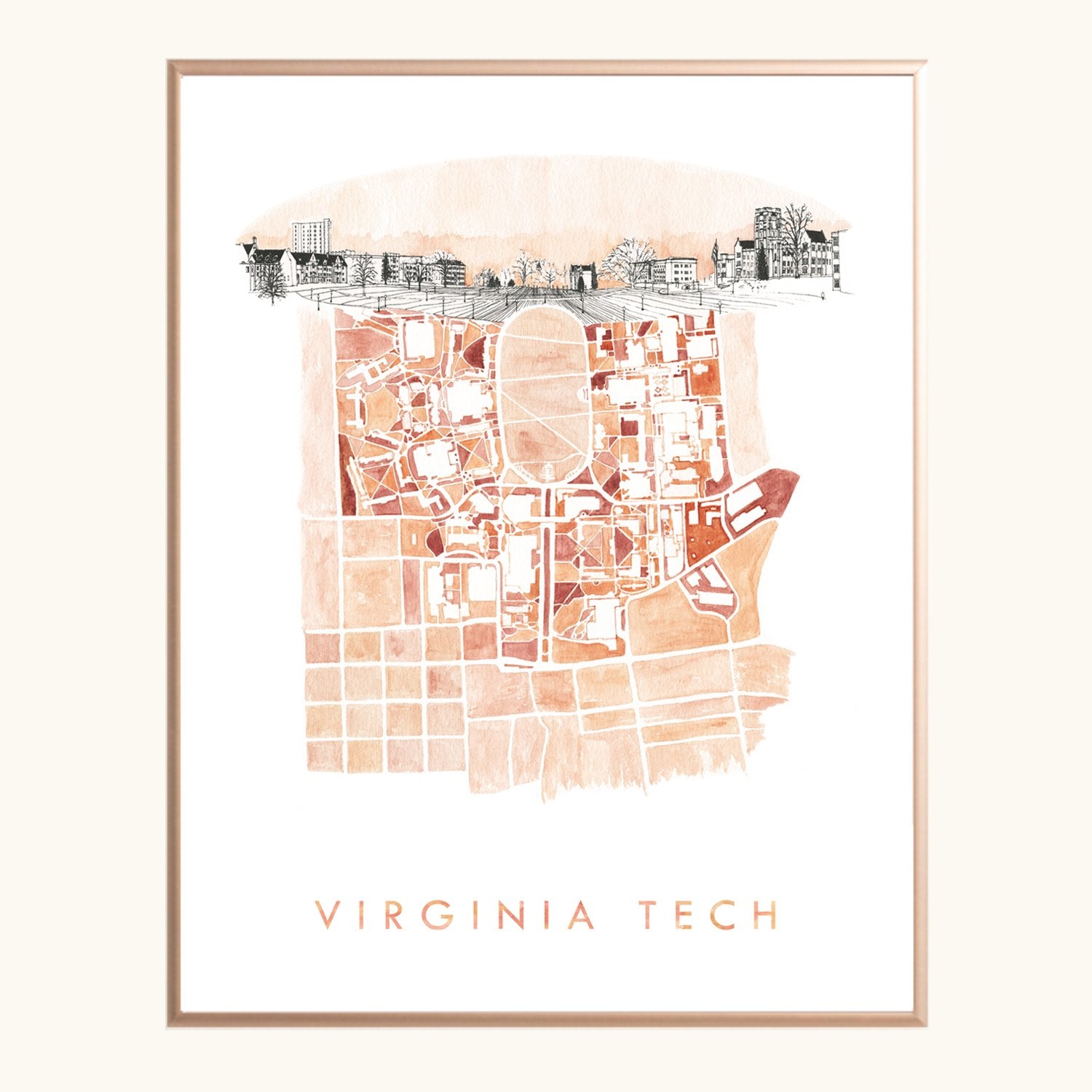 VIRGINIA TECH Campus Watercolor Map: PRINT