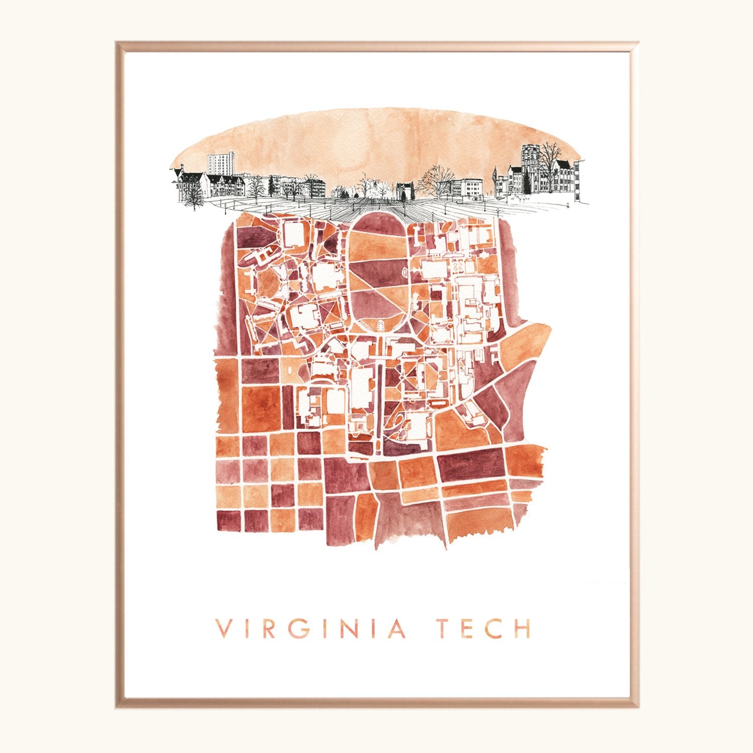 VIRGINIA TECH Campus Watercolor Map: PRINT