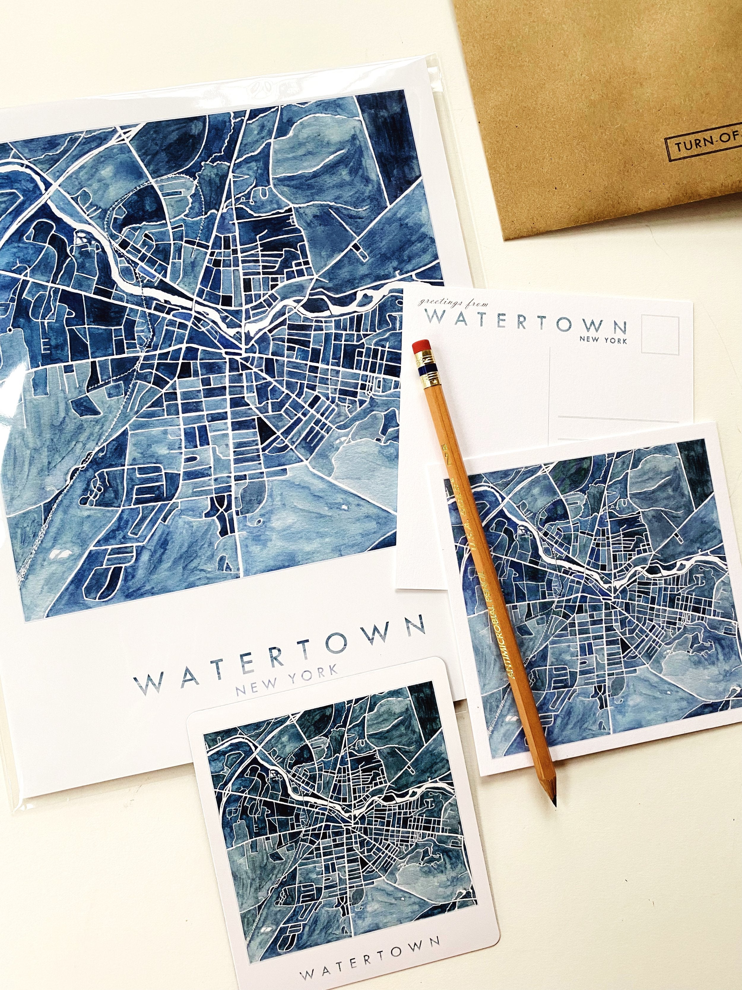 WATERTOWN NY Watercolor City Blocks Map: GIFT BUNDLE