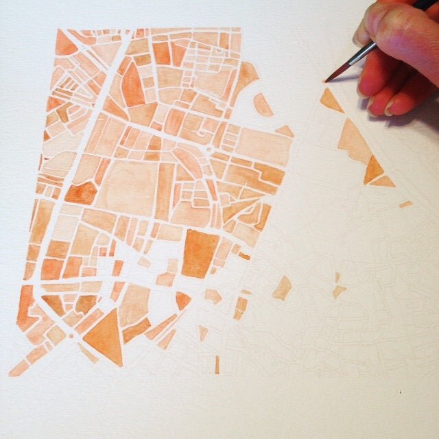 9" x 9" Custom Watercolor City Blocks Map: ORIGINAL PAINTING (Commission)