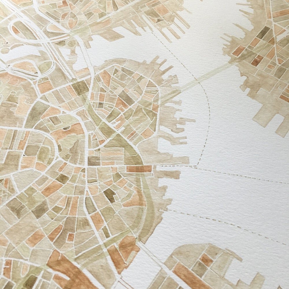 BOSTON Watercolor City Blocks Map: ORIGINAL PAINTING (Commission)