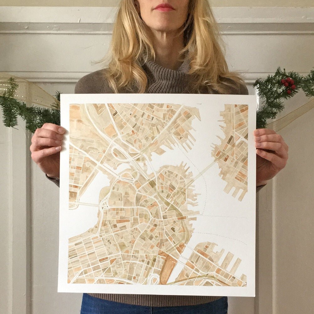 BOSTON Watercolor City Blocks Map: ORIGINAL PAINTING (Commission)