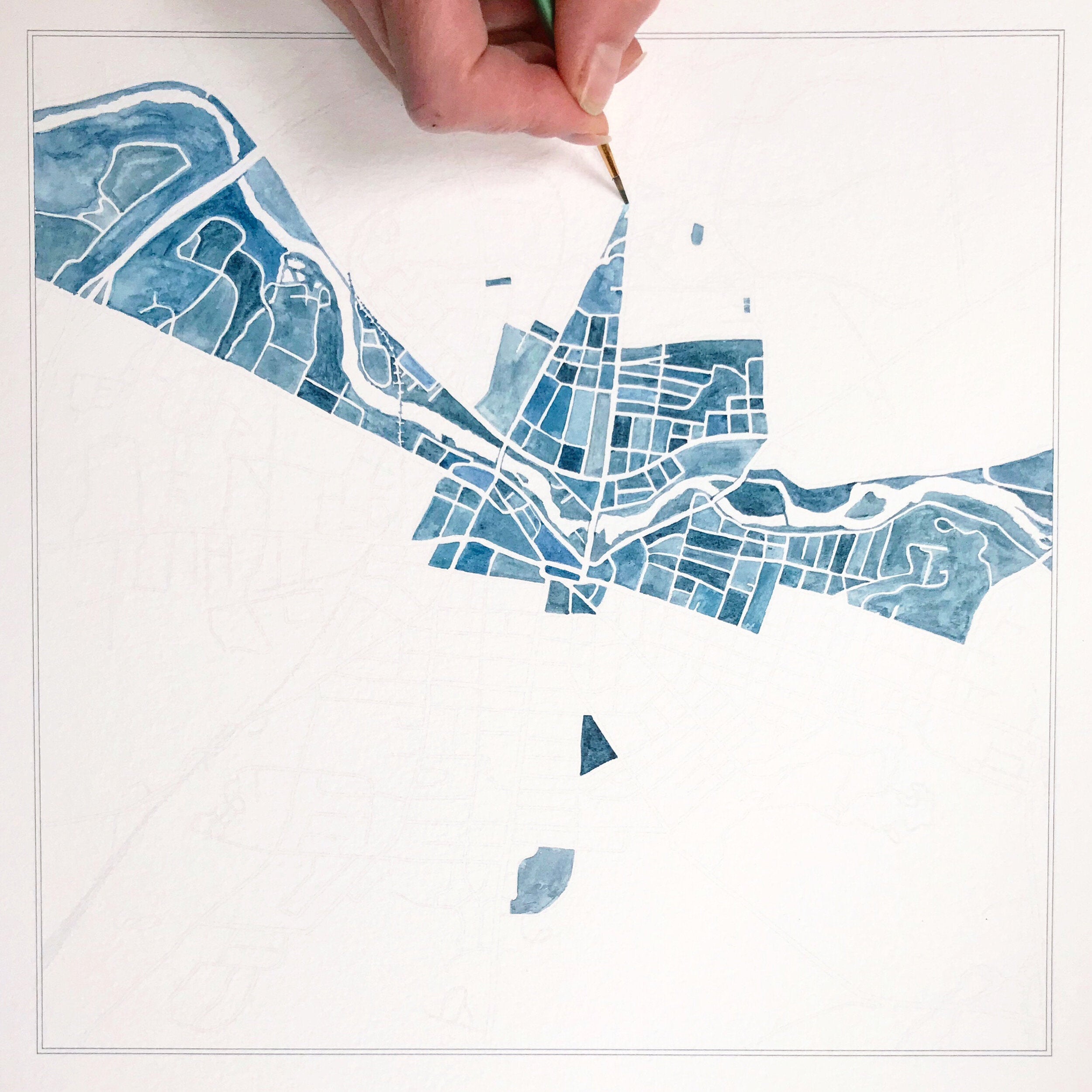 WATERTOWN New York Watercolor City Blocks Map: ORIGINAL PAINTING (Commission)