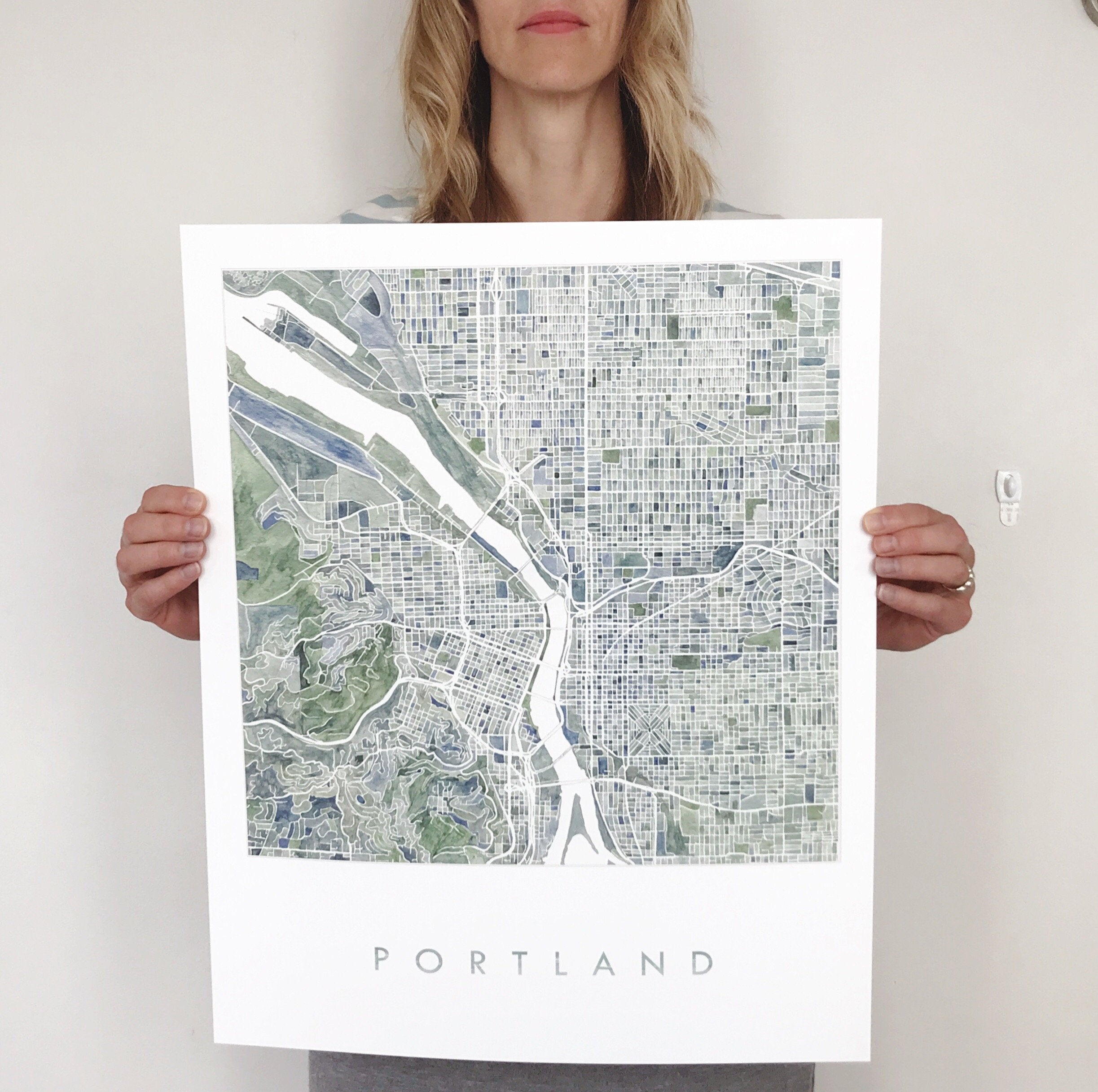 PORTLAND Oregon Watercolor City Blocks Map: PRINT  (Blues Greens Greys)