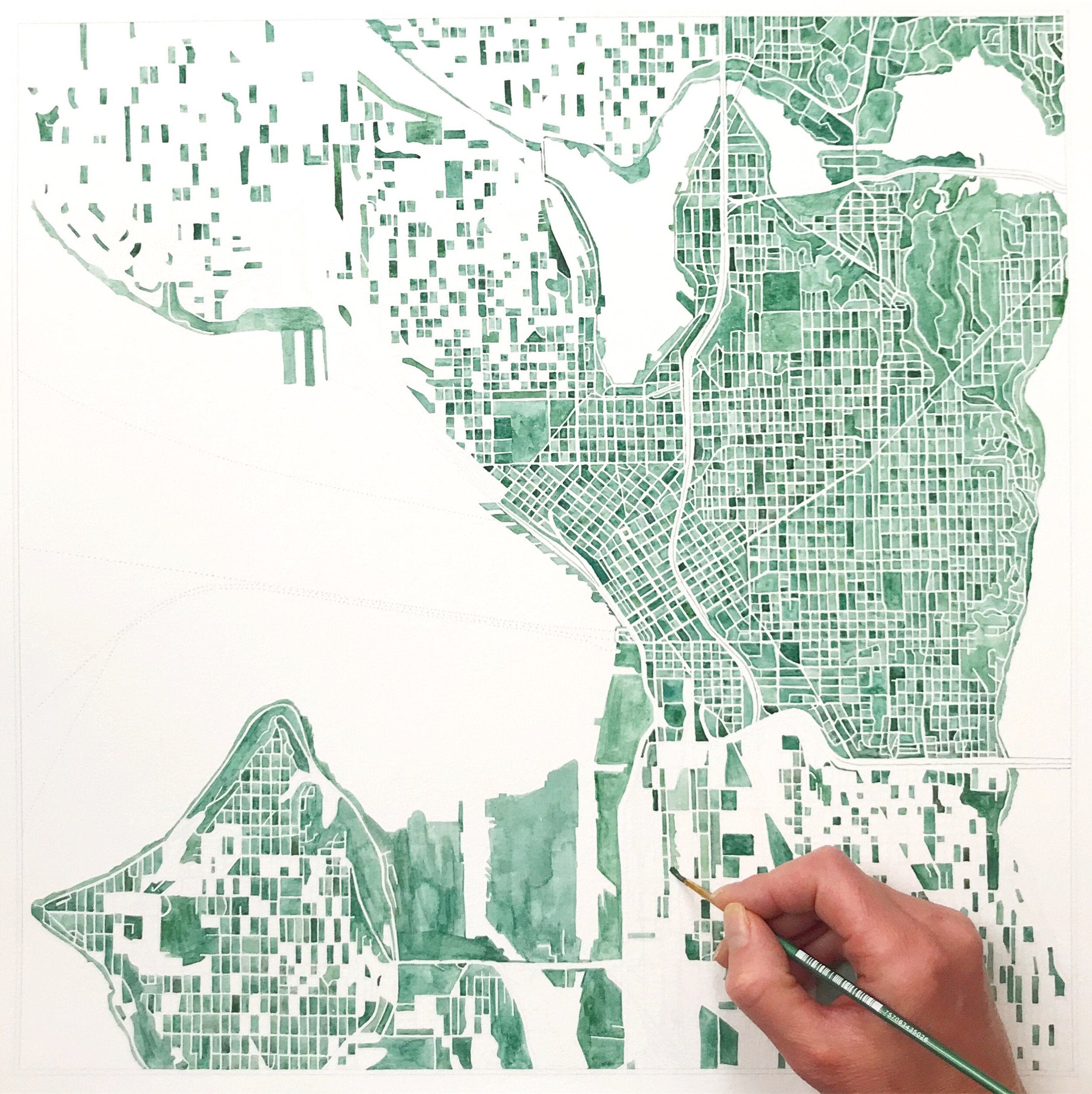 Downtown SEATTLE Watercolor City Blocks Map: ORIGINAL PAINTING (Commission)