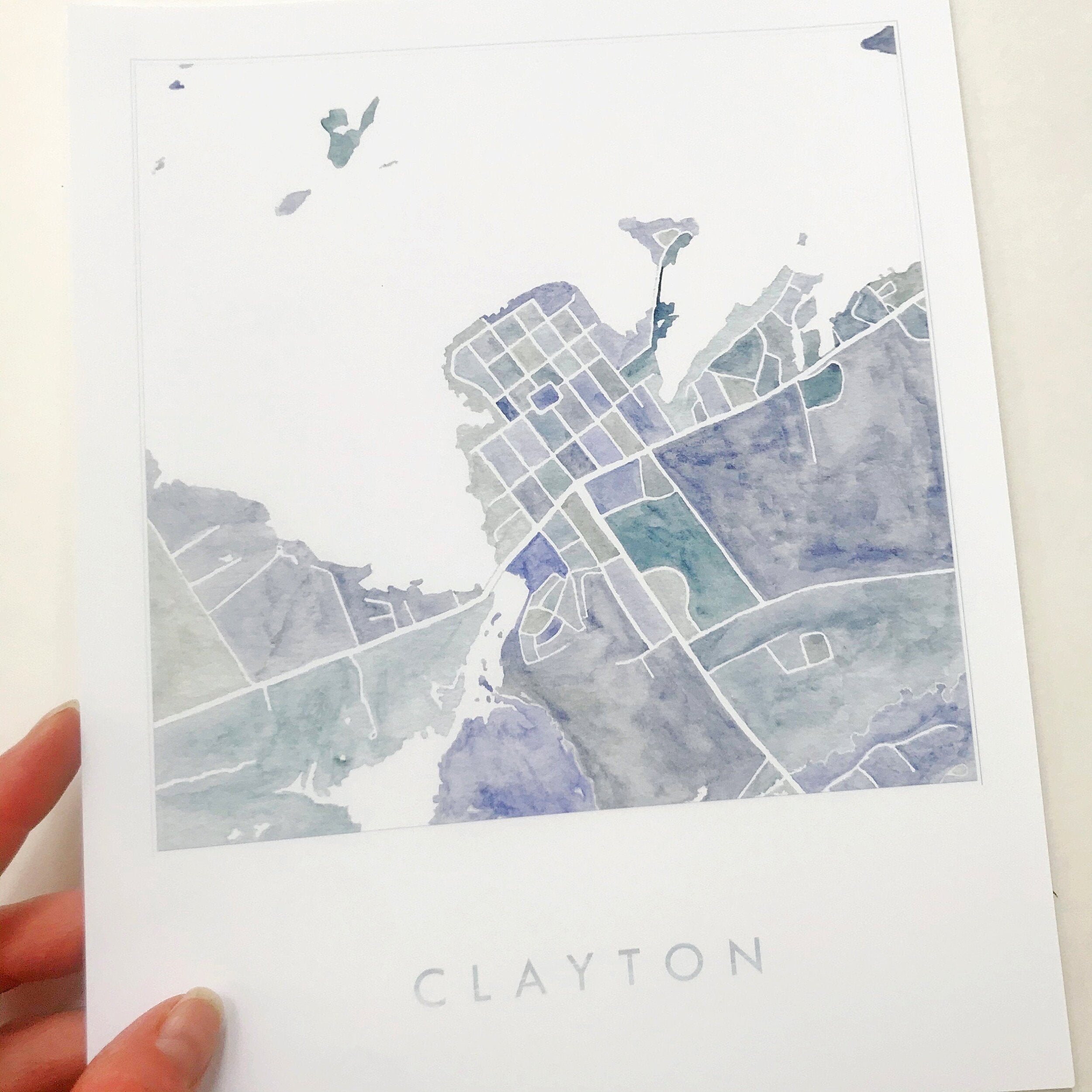 CLAYTON New York Map Watercolor City Blocks Map: PRINT