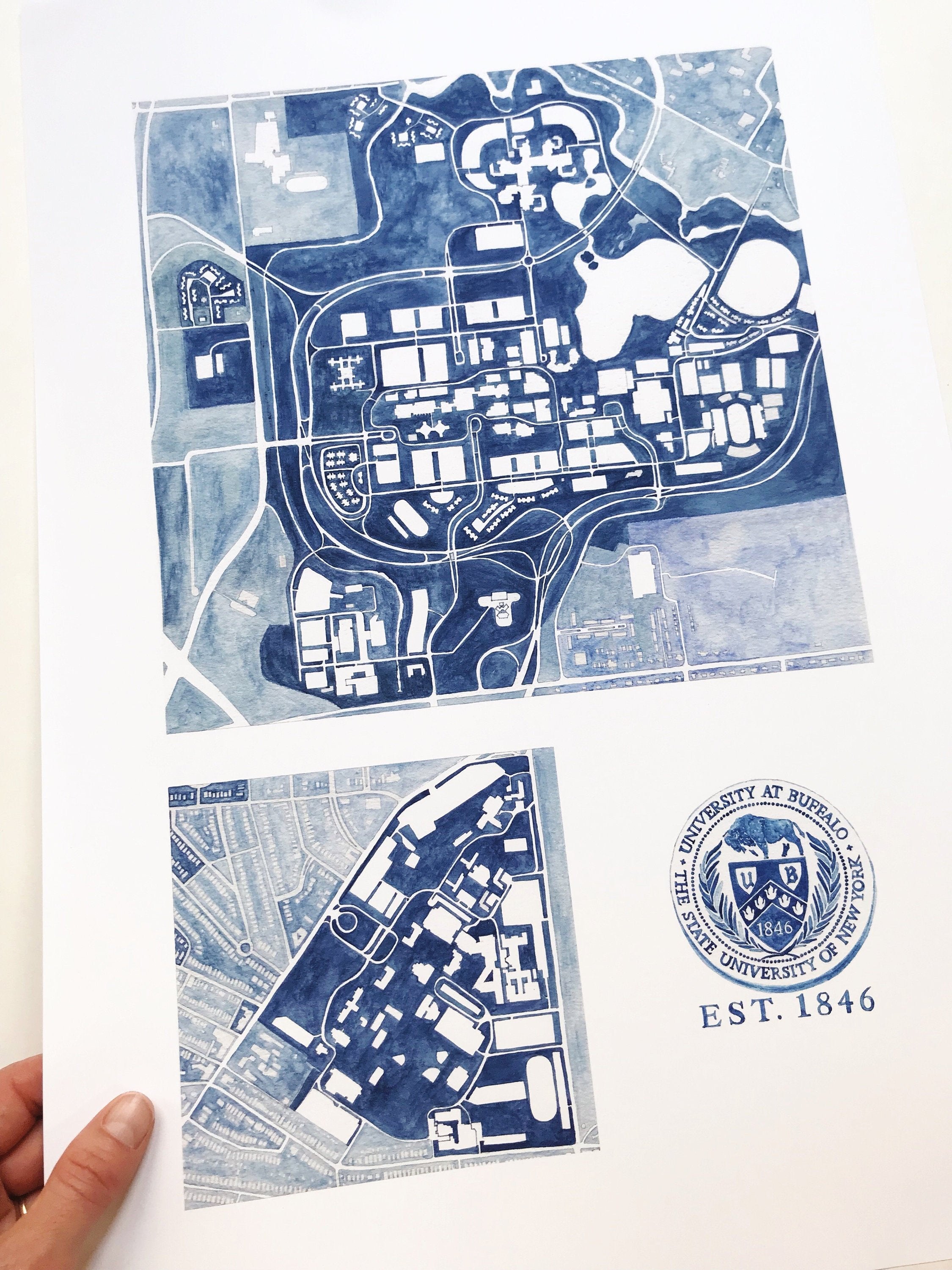 UNIVERSITY at BUFFALO SUNY Campus Watercolor Map: PRINT
