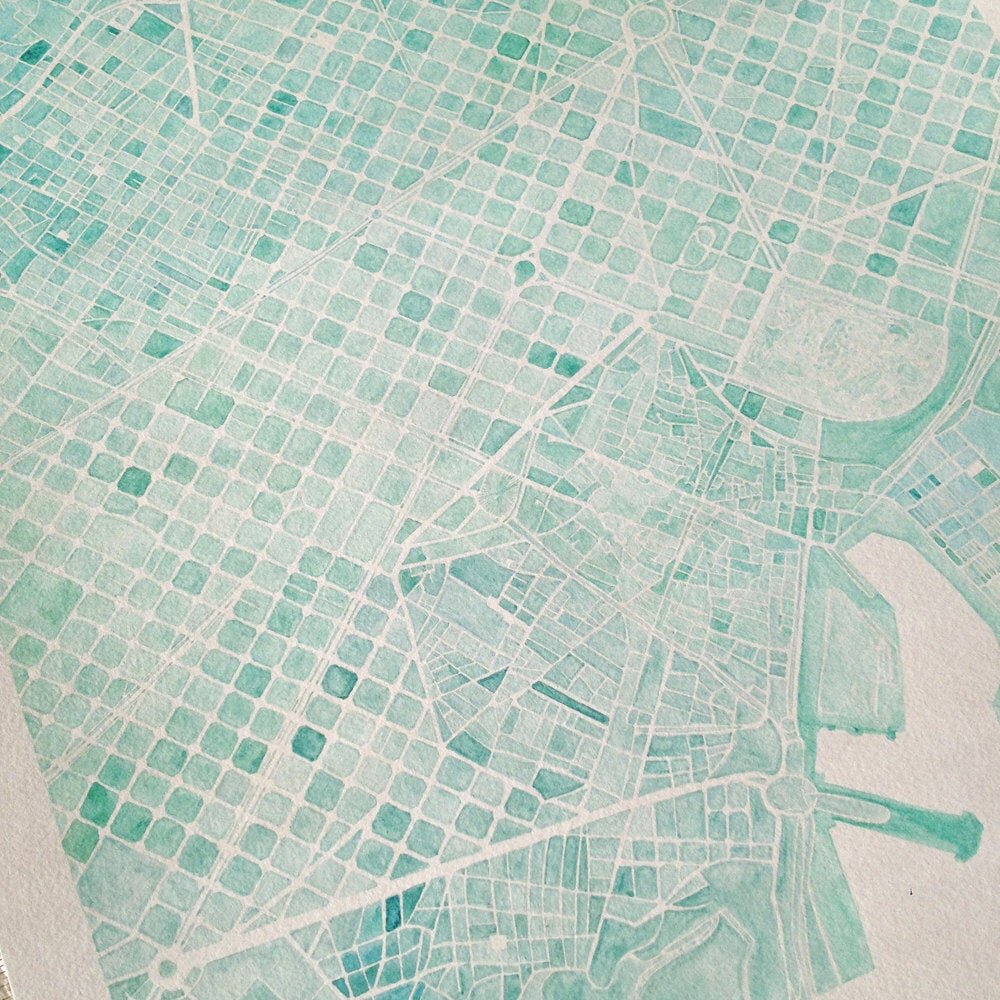 BARCELONA Watercolor City Blocks Map: ORIGINAL PAINTING (Commission)