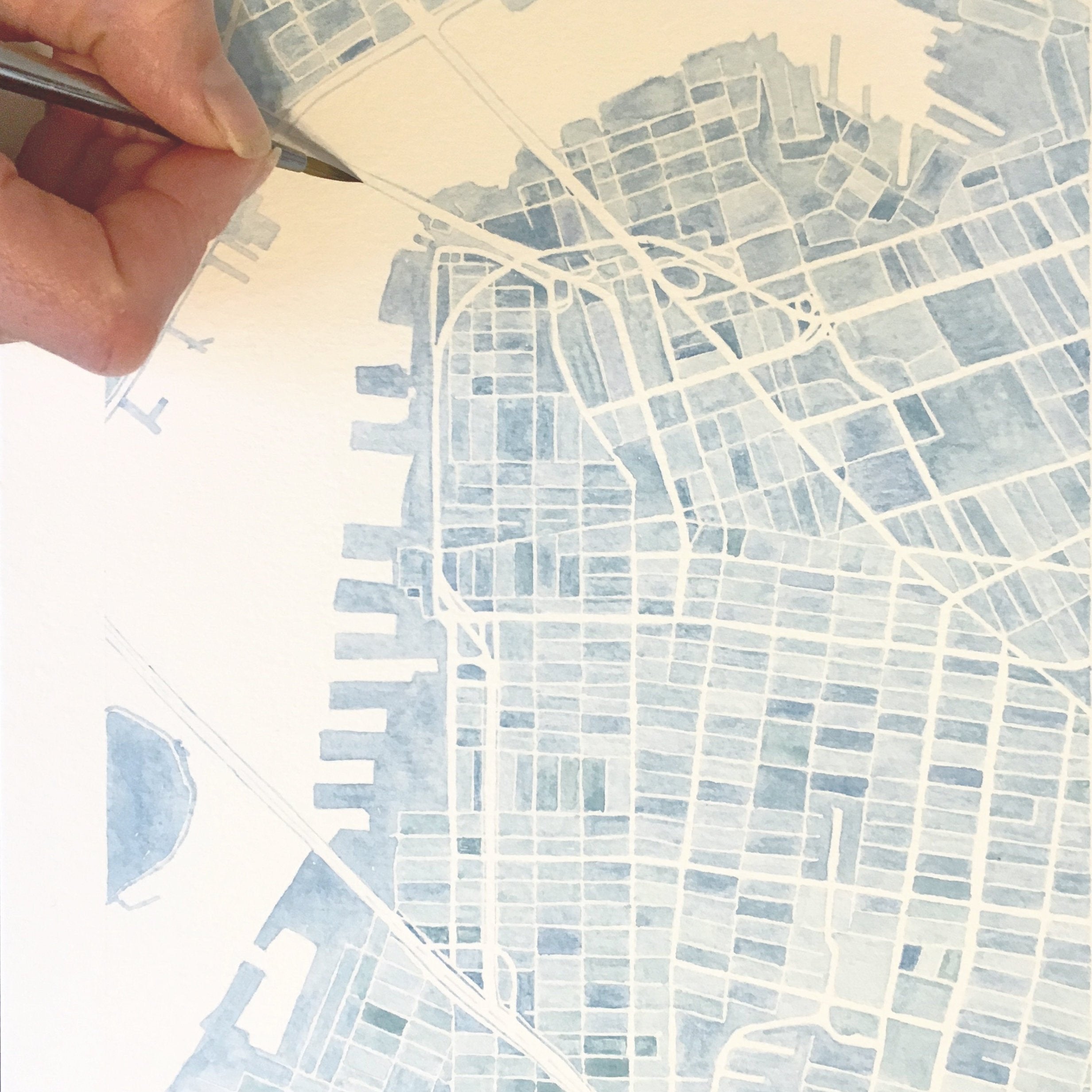 12" x 12" Custom Watercolor City Blocks Map: ORIGINAL PAINTING (Commission)