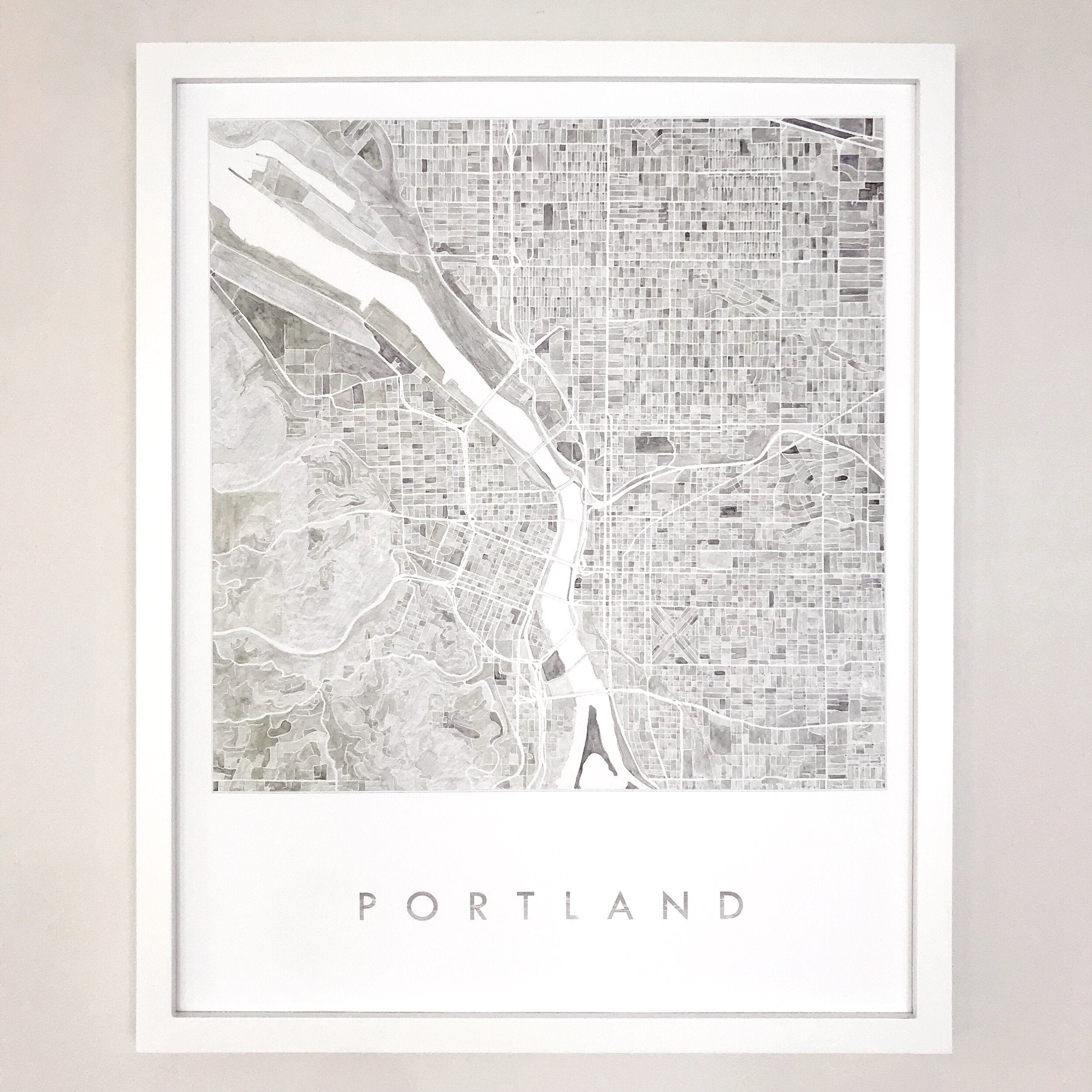 PORTLAND Oregon Watercolor City Blocks Map: PRINT (greys)