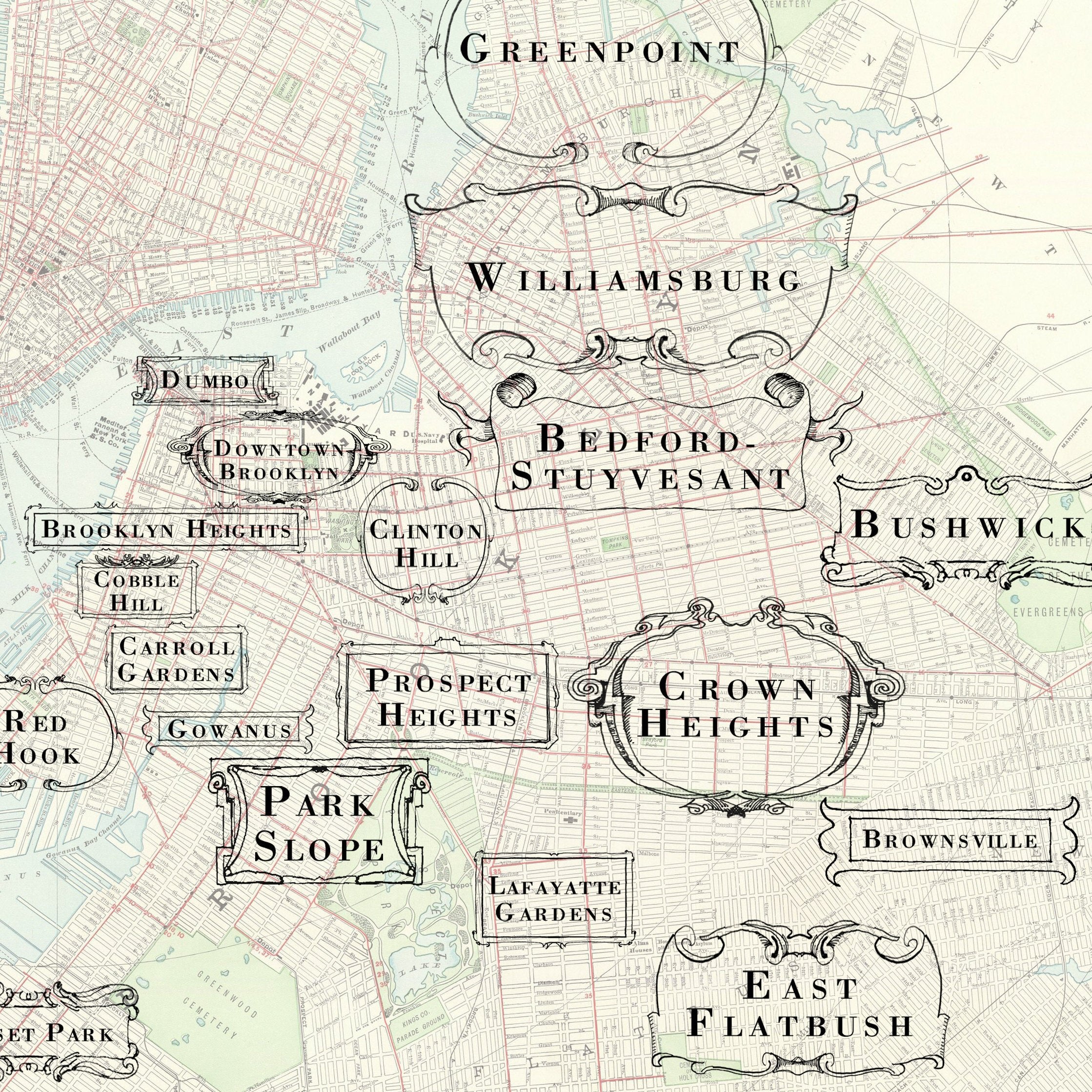 BROOKLYN Neighborhoods + Architectural Streetscape Map: PRINT