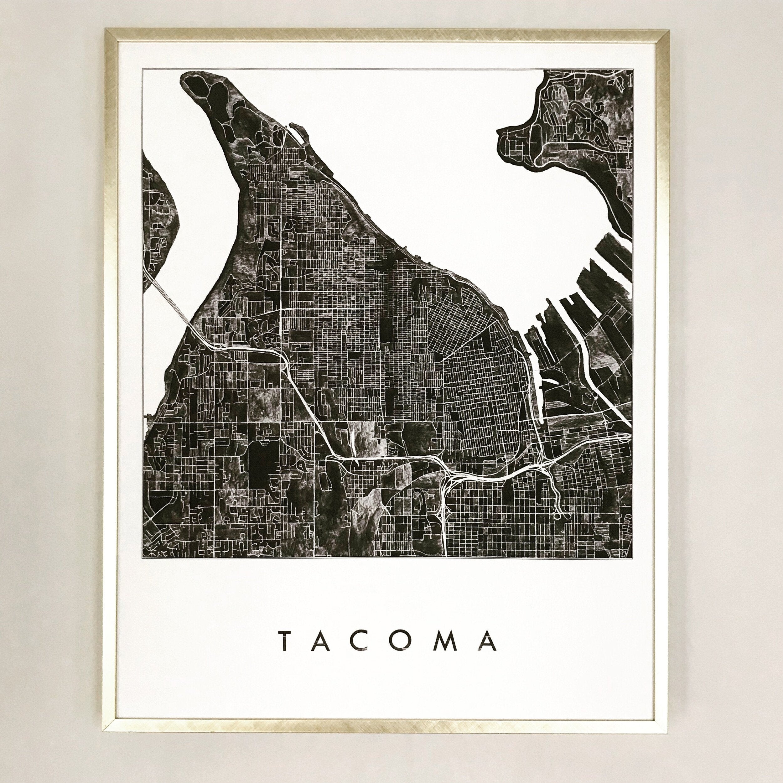 TACOMA Watercolor City Blocks Map: PRINT (Black)