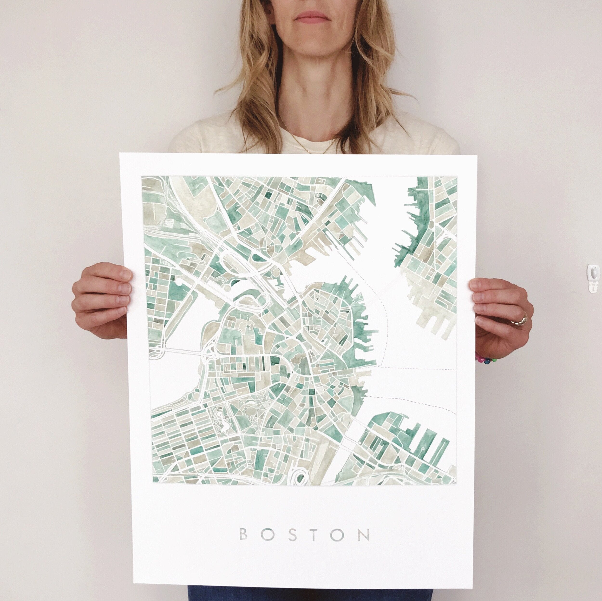 BOSTON Map Watercolor City Blocks Map: PRINT
