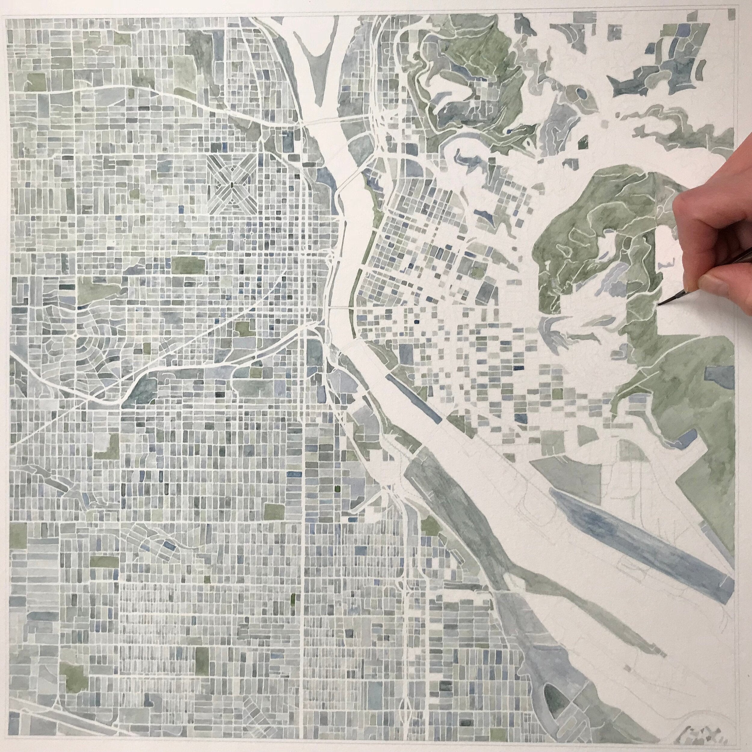 PORTLAND Oregon Watercolor City Blocks Map: ORIGINAL PAINTING (Commission)
