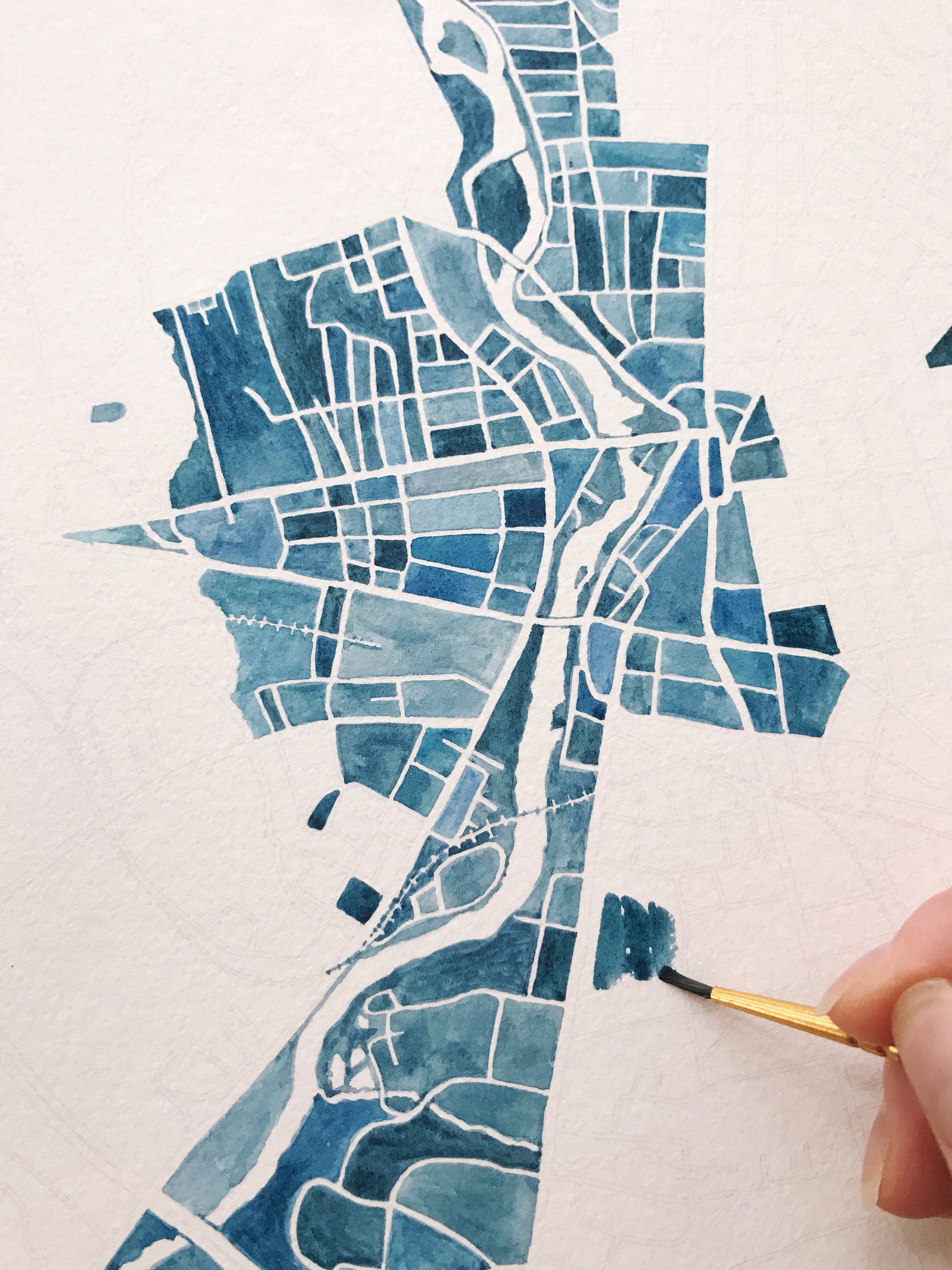 WATERTOWN New York Watercolor City Blocks Map: ORIGINAL PAINTING (Commission)