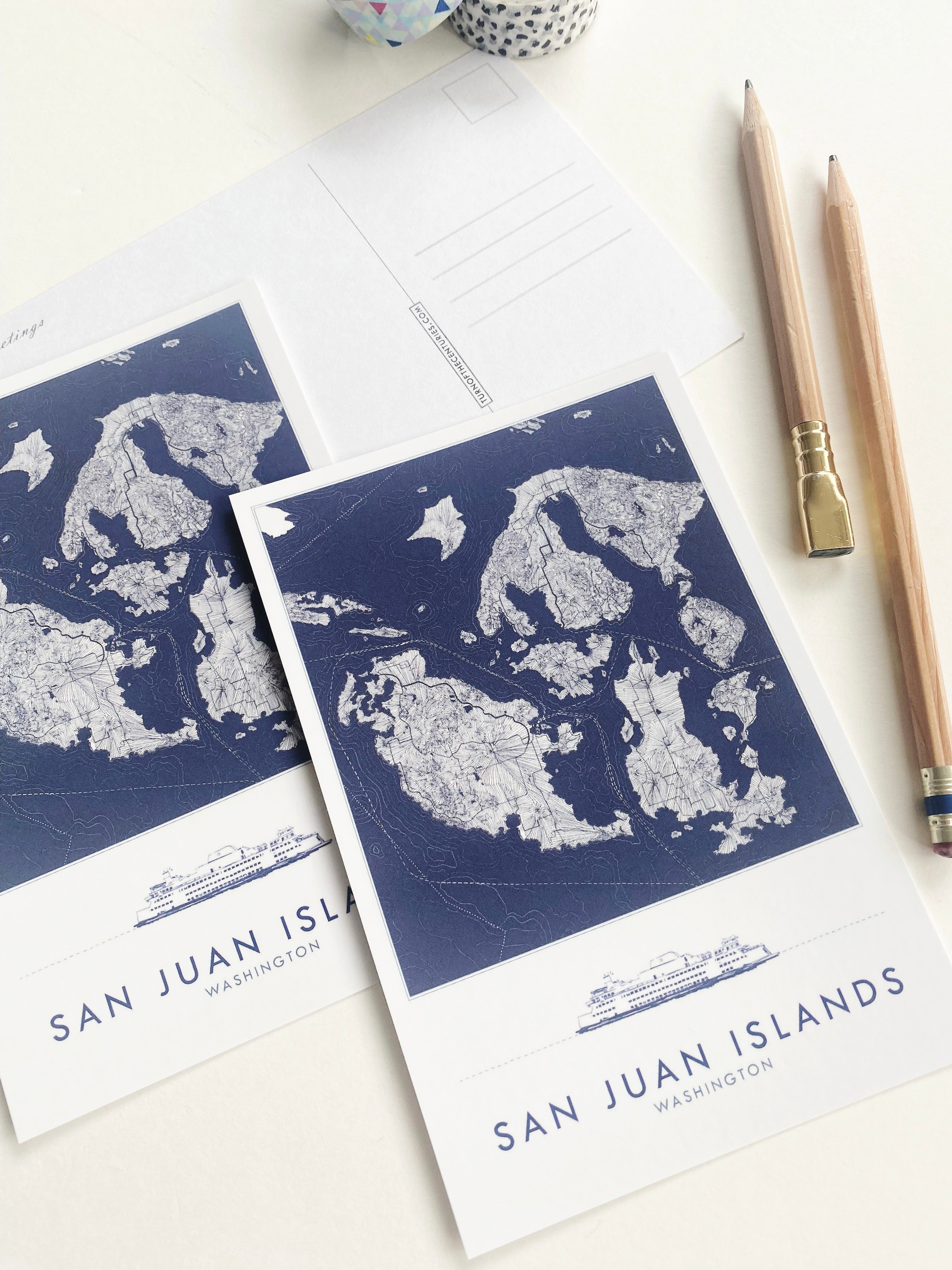 SAN JUAN ISLANDS Washington "Blueprint" Map Postcard