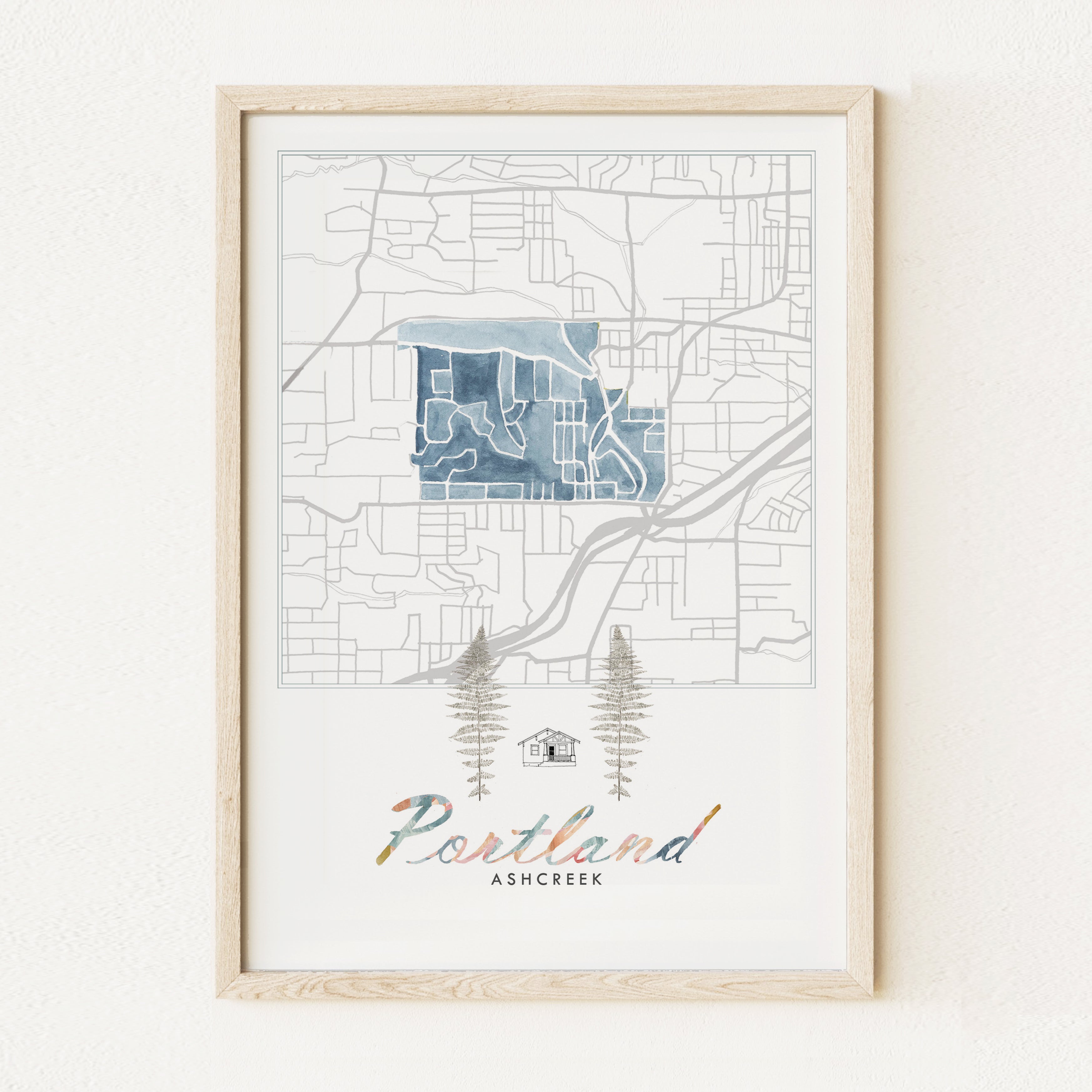 Ashcreek PORTLAND Neighborhood Watercolor Map: PRINT