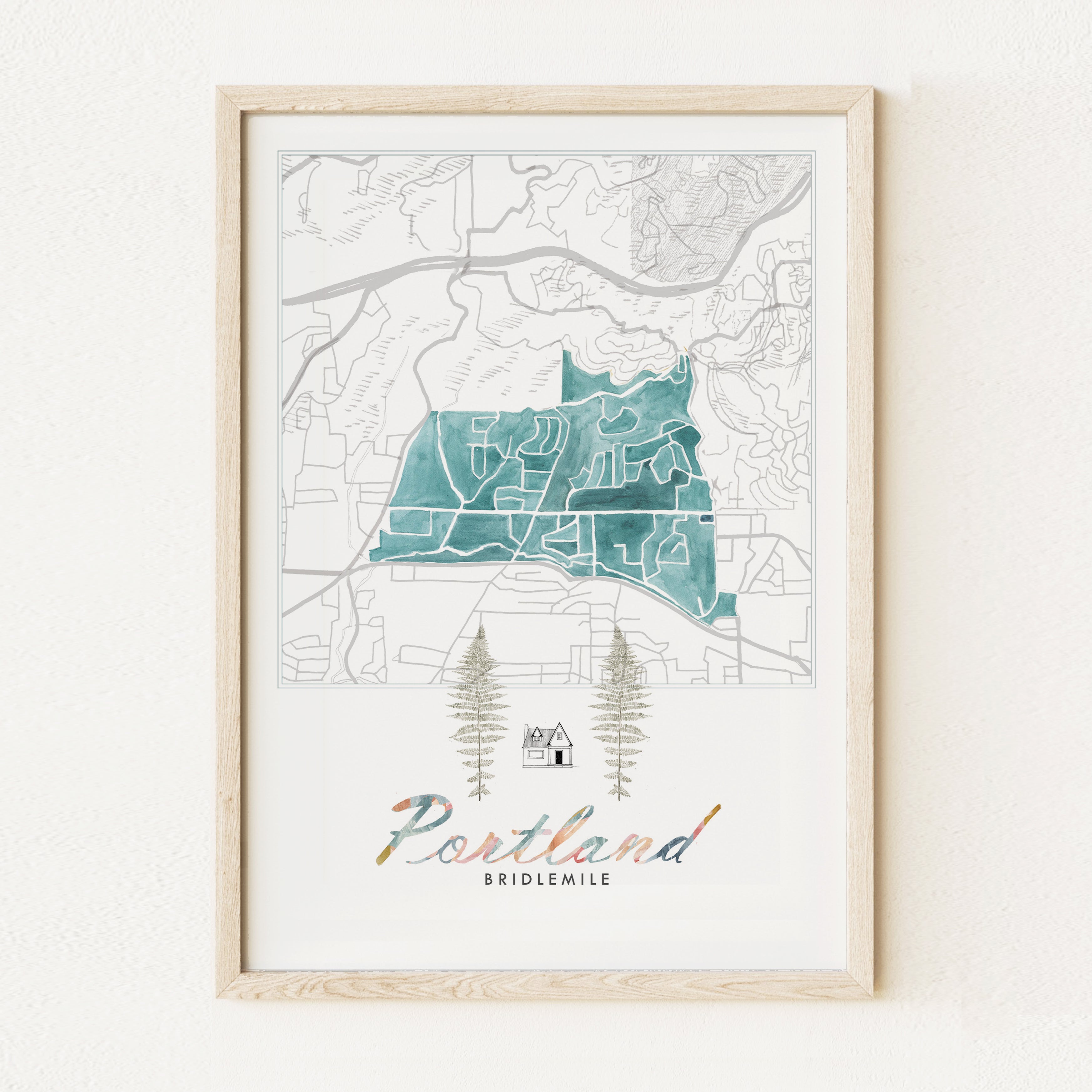 Bridlemile PORTLAND Neighborhood Watercolor Map: PRINT