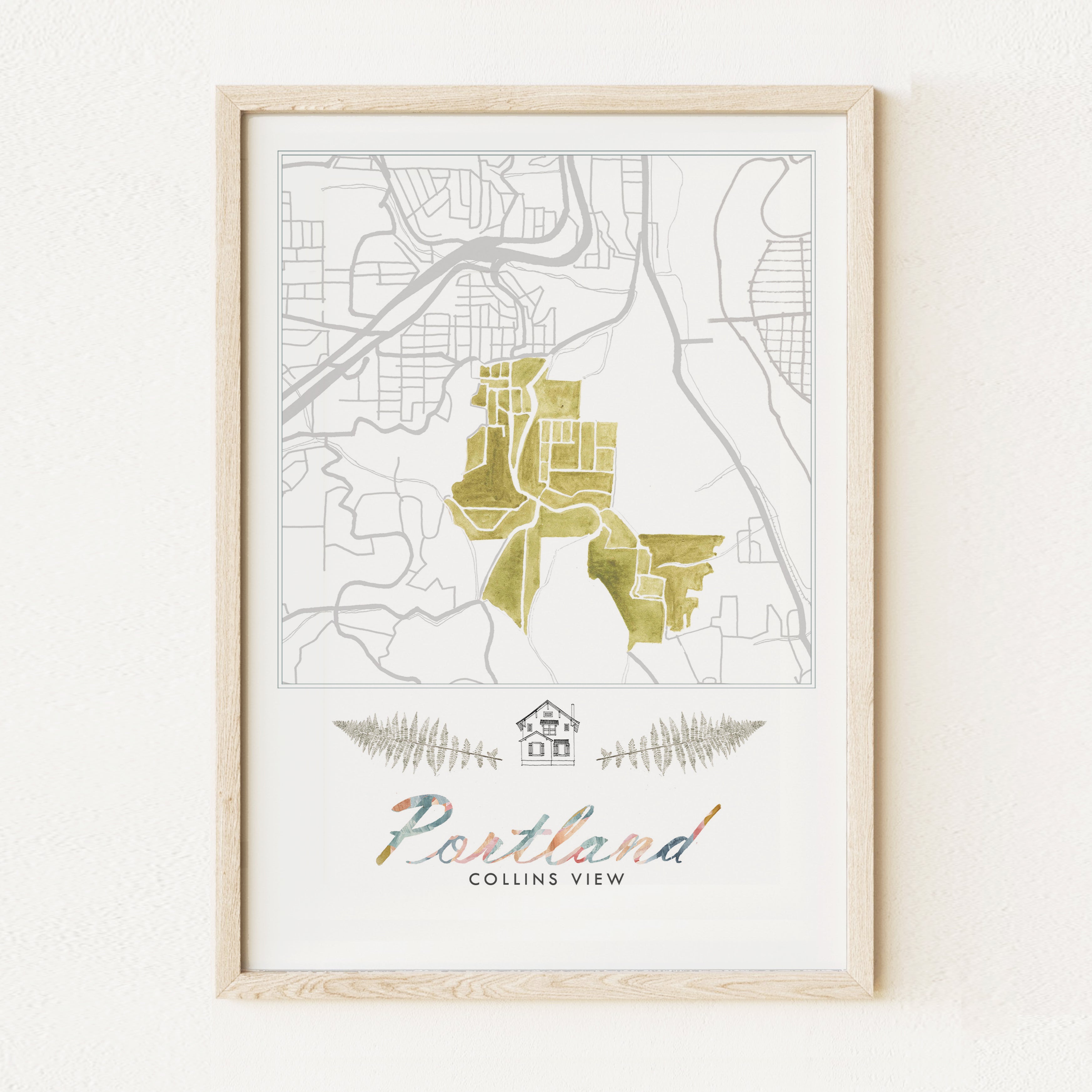Collins View PORTLAND Neighborhood Watercolor Map: PRINT