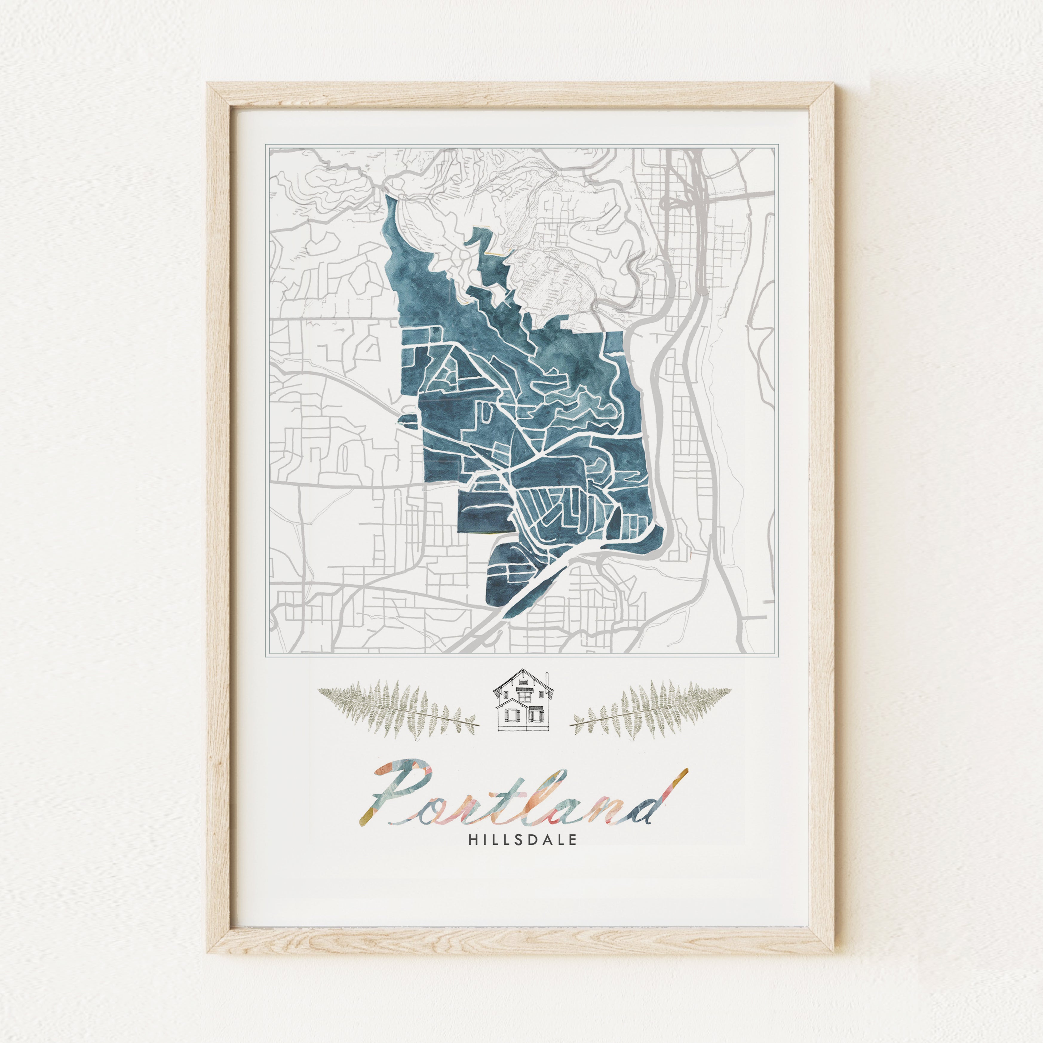 Hillsdale PORTLAND Neighborhood Watercolor Map: PRINT