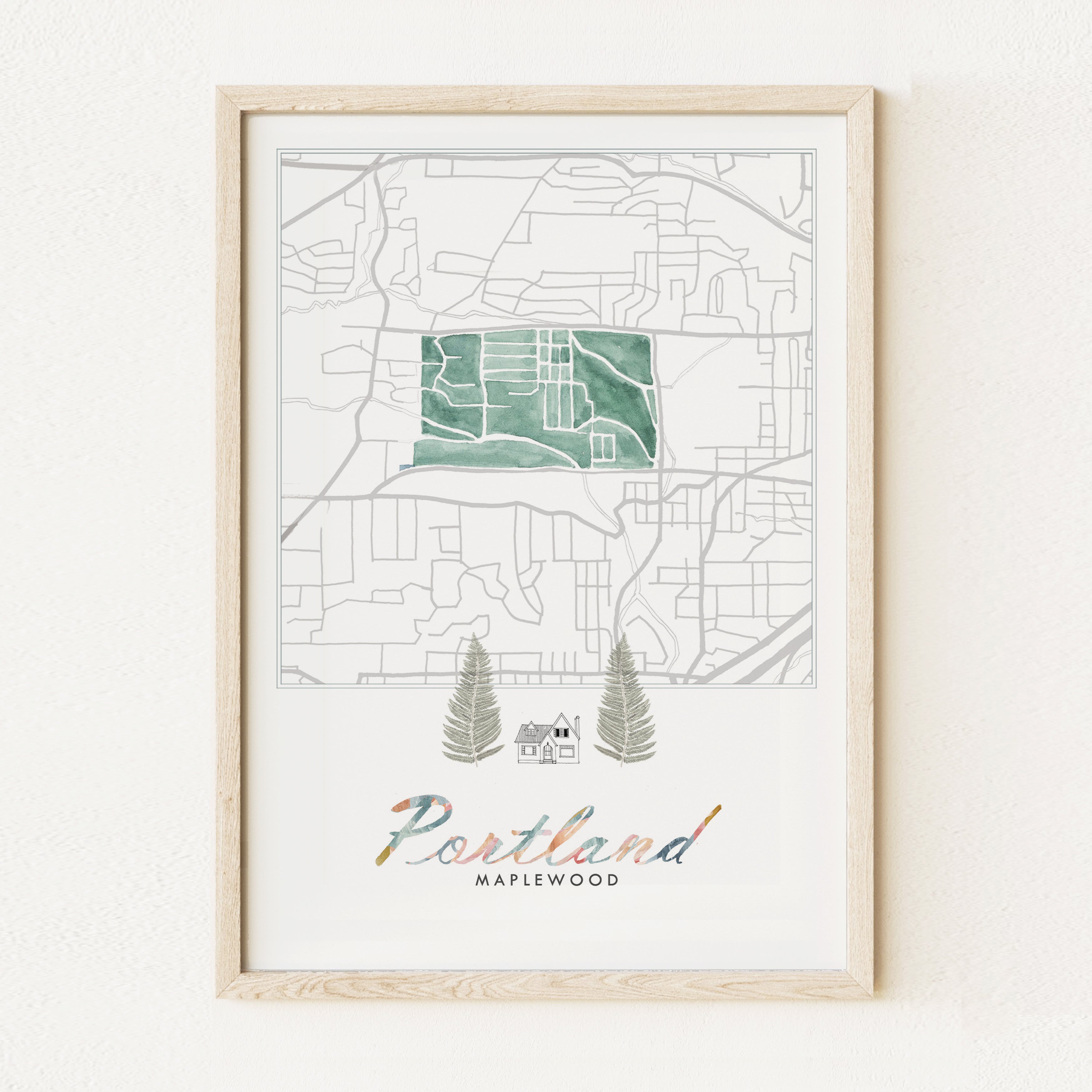 Maplewood PORTLAND Neighborhood Watercolor Map: PRINT