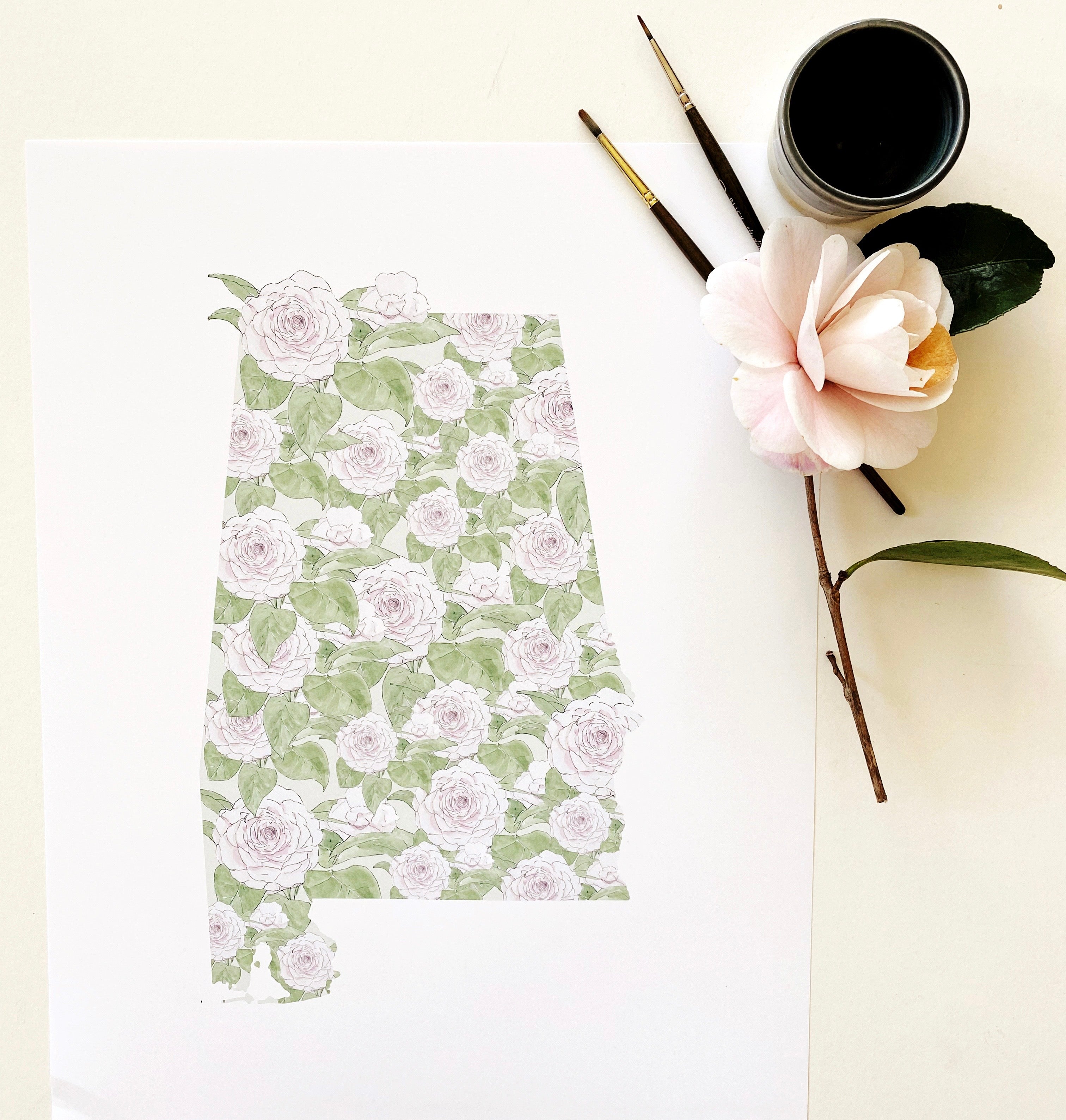 ALABAMA State Flower Map: Camellia: PRINT