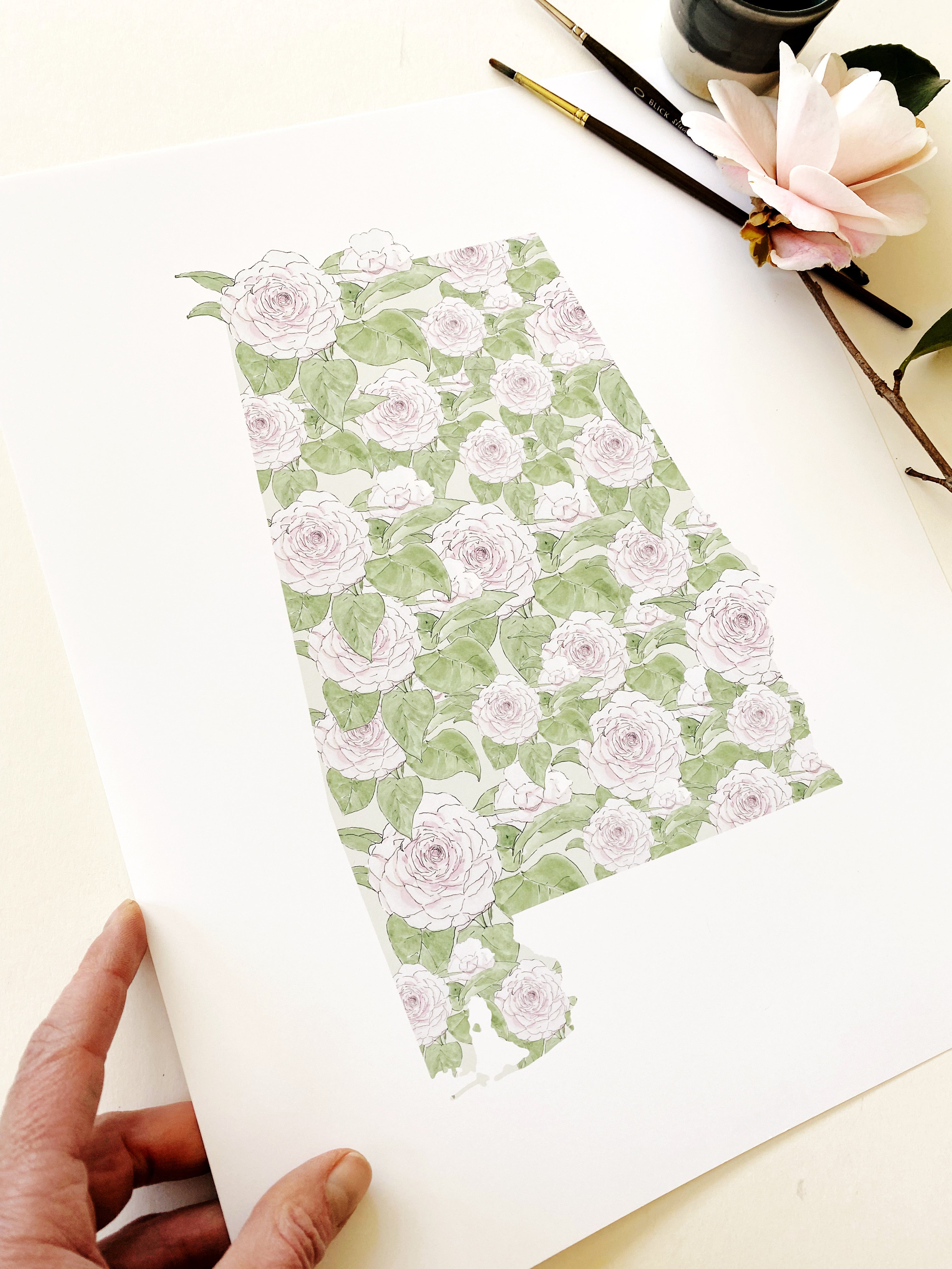 ALABAMA State Flower Map: Camellia: PRINT