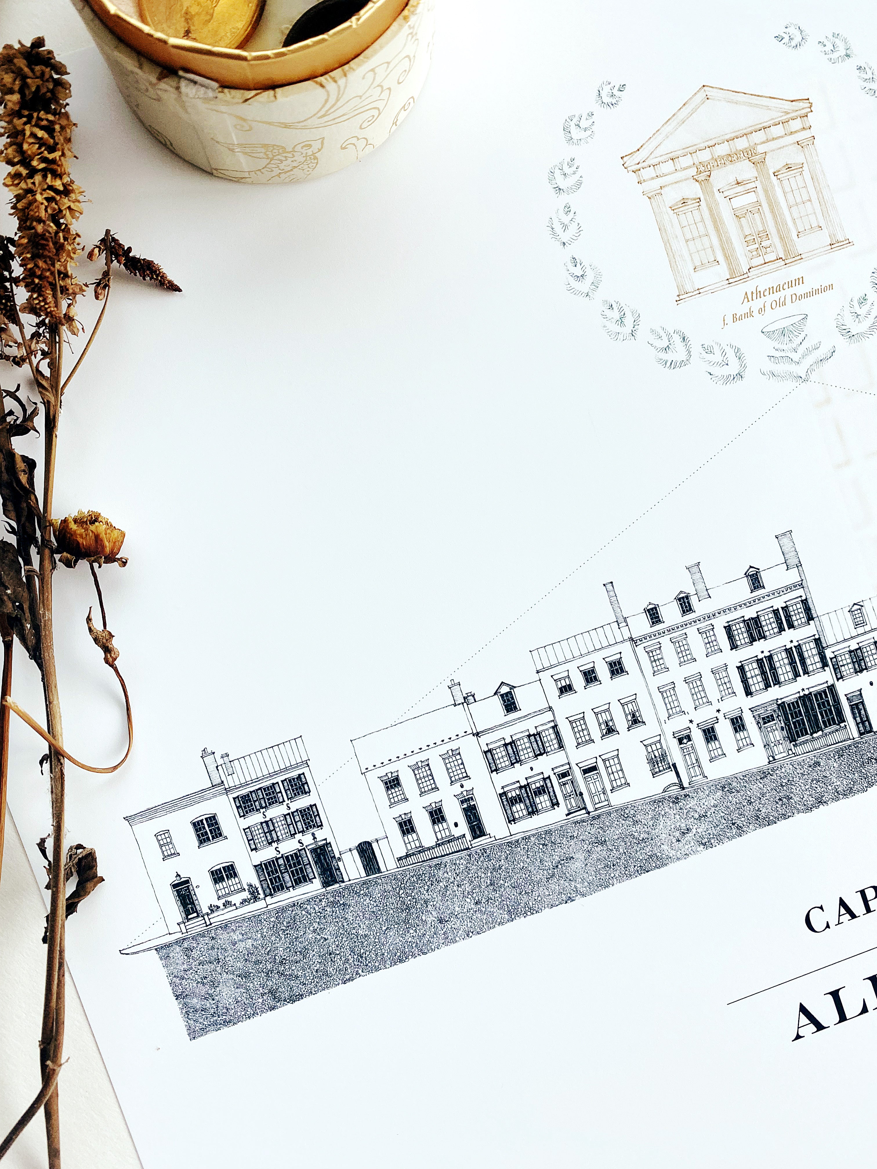 ALEXANDRIA Virginia Captains Row Streetscape Drawing: PRINT